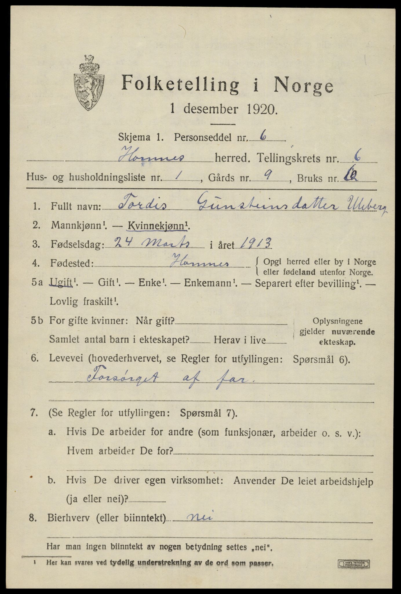 SAK, 1920 census for Hornnes, 1920, p. 1567