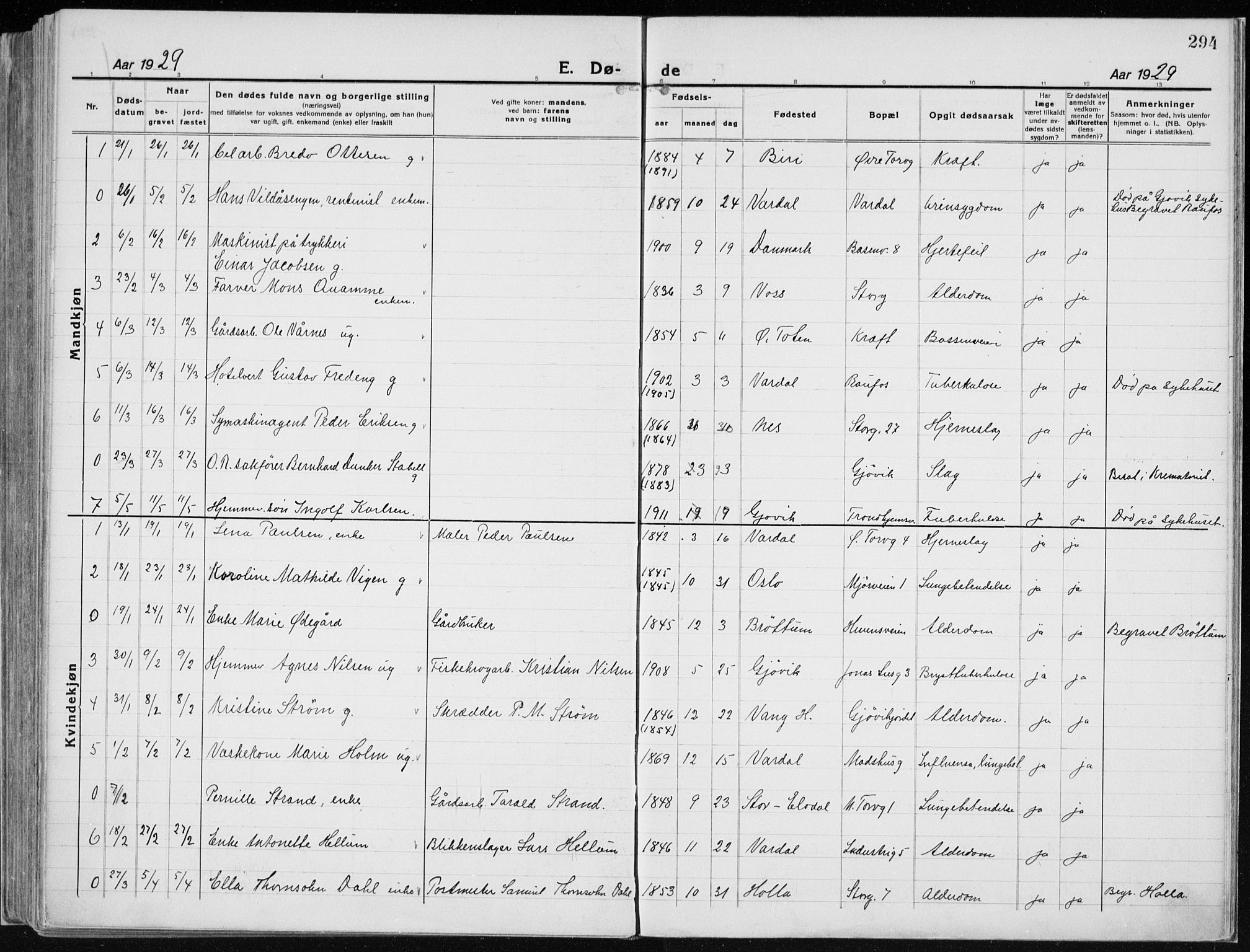 Vardal prestekontor, SAH/PREST-100/H/Ha/Haa/L0015: Parish register (official) no. 15, 1923-1937, p. 294