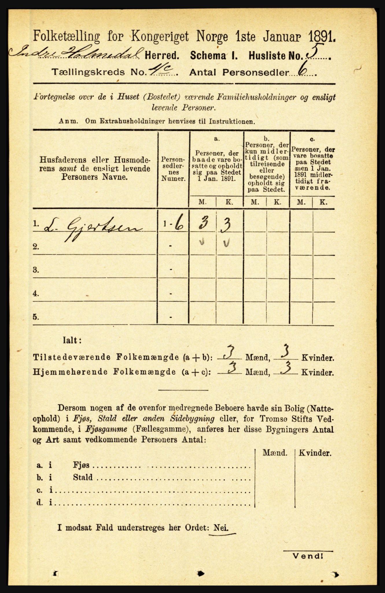 RA, 1891 census for 1430 Indre Holmedal, 1891, p. 1611