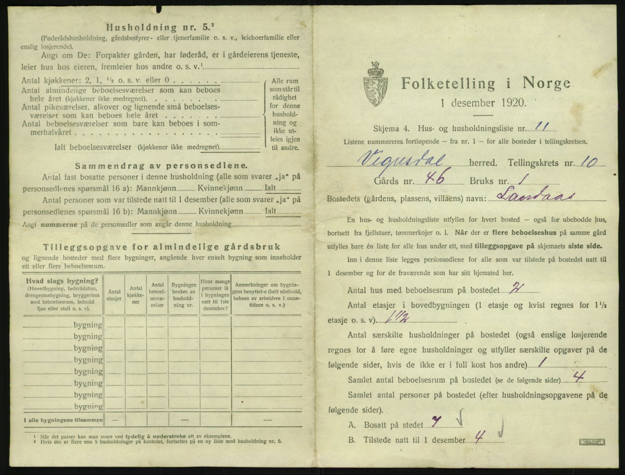 SAK, 1920 census for Vegusdal, 1920, p. 365