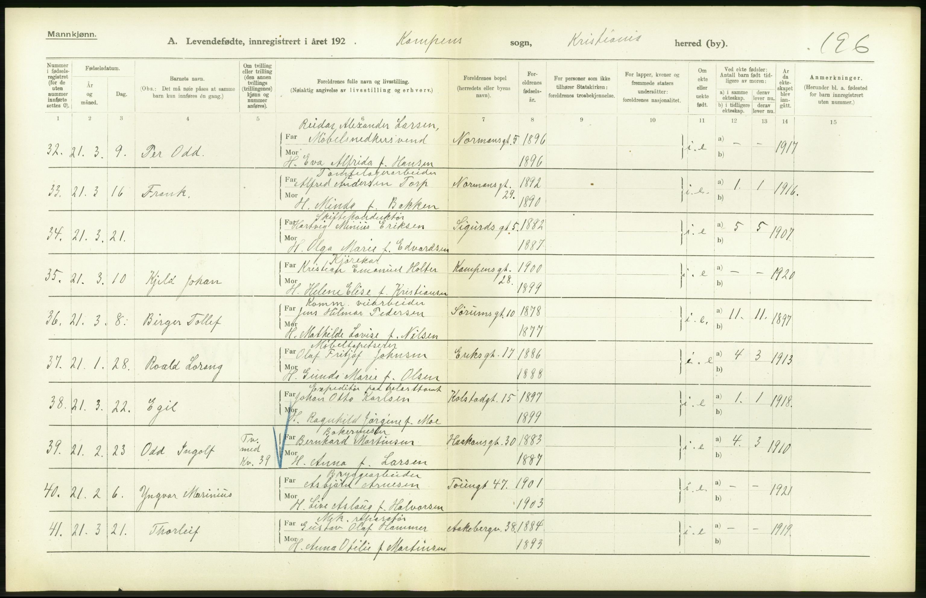 Statistisk sentralbyrå, Sosiodemografiske emner, Befolkning, RA/S-2228/D/Df/Dfc/Dfca/L0009: Kristiania: Levendefødte menn og kvinner., 1921, p. 90