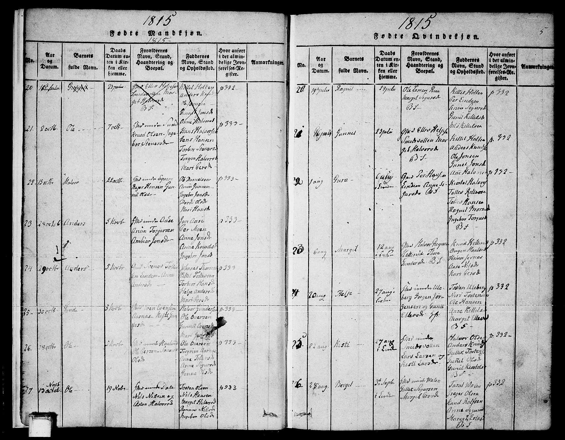 Sauherad kirkebøker, AV/SAKO-A-298/F/Fa/L0005: Parish register (official) no. I 5, 1815-1829, p. 5