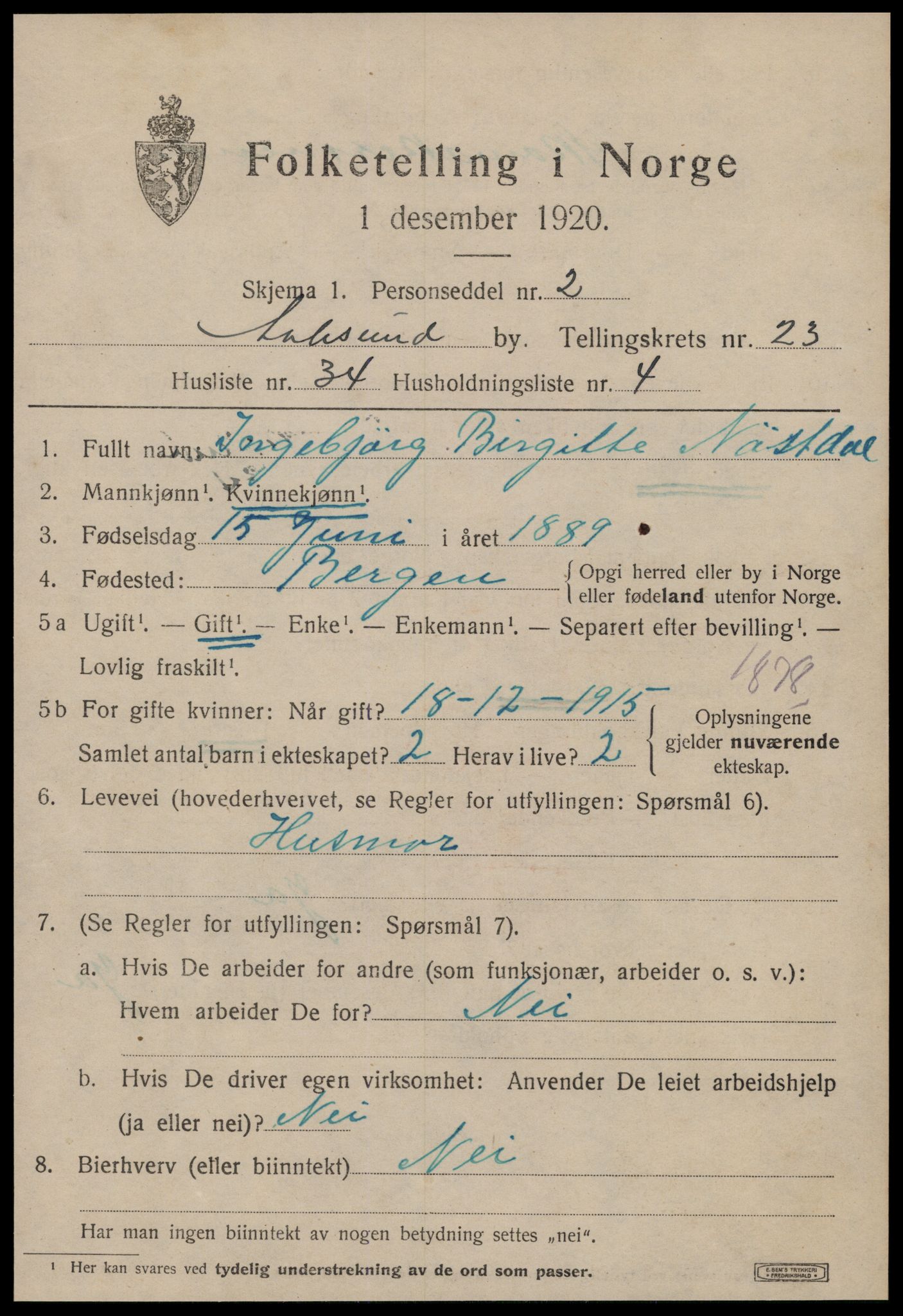 SAT, 1920 census for Ålesund, 1920, p. 42872