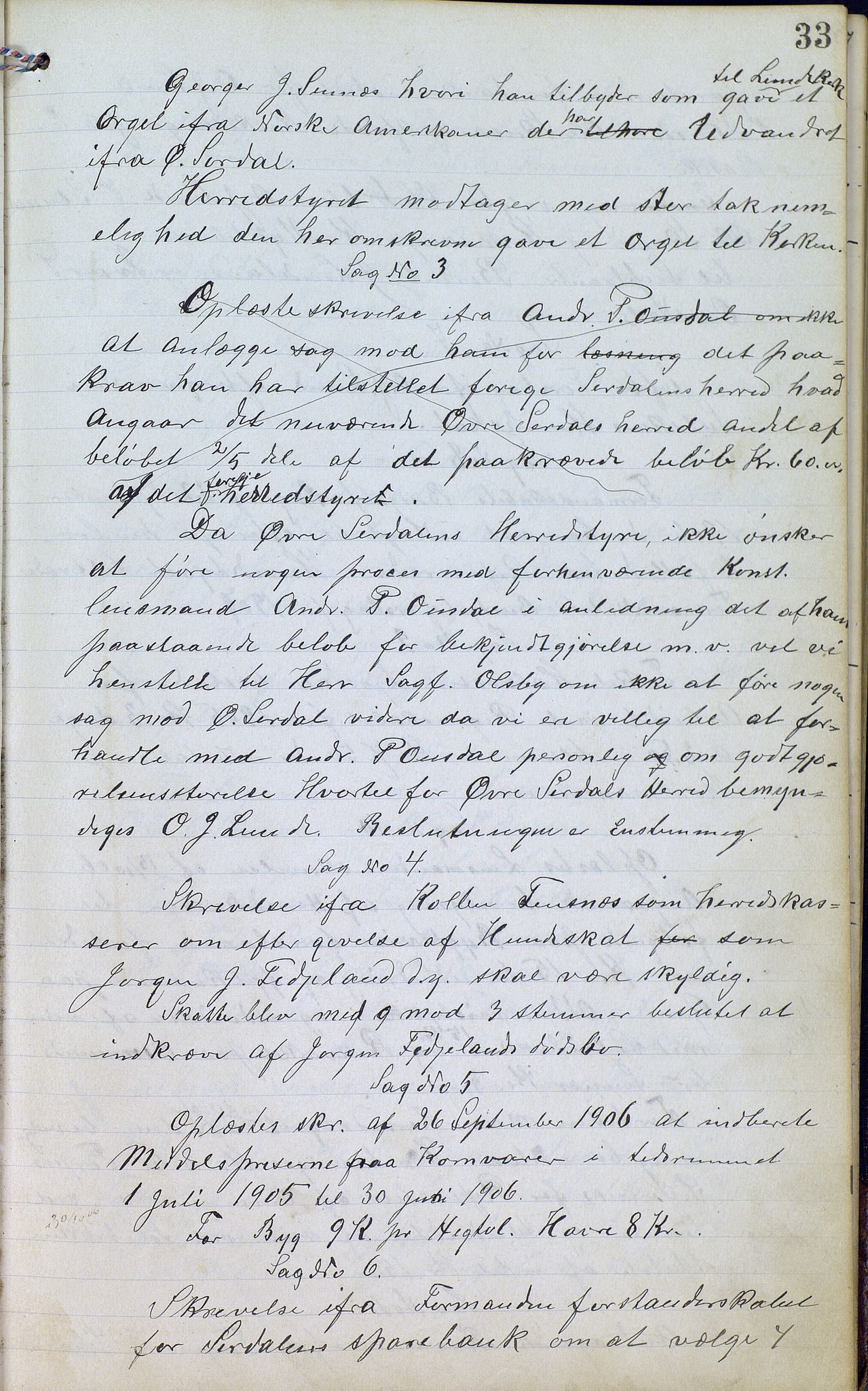 Øvre Sirdal kommune - Formannskapet/Kommunestyret, ARKSOR/1046ØS120/A/L0001: Møtebok (d), 1905-1917, p. 33