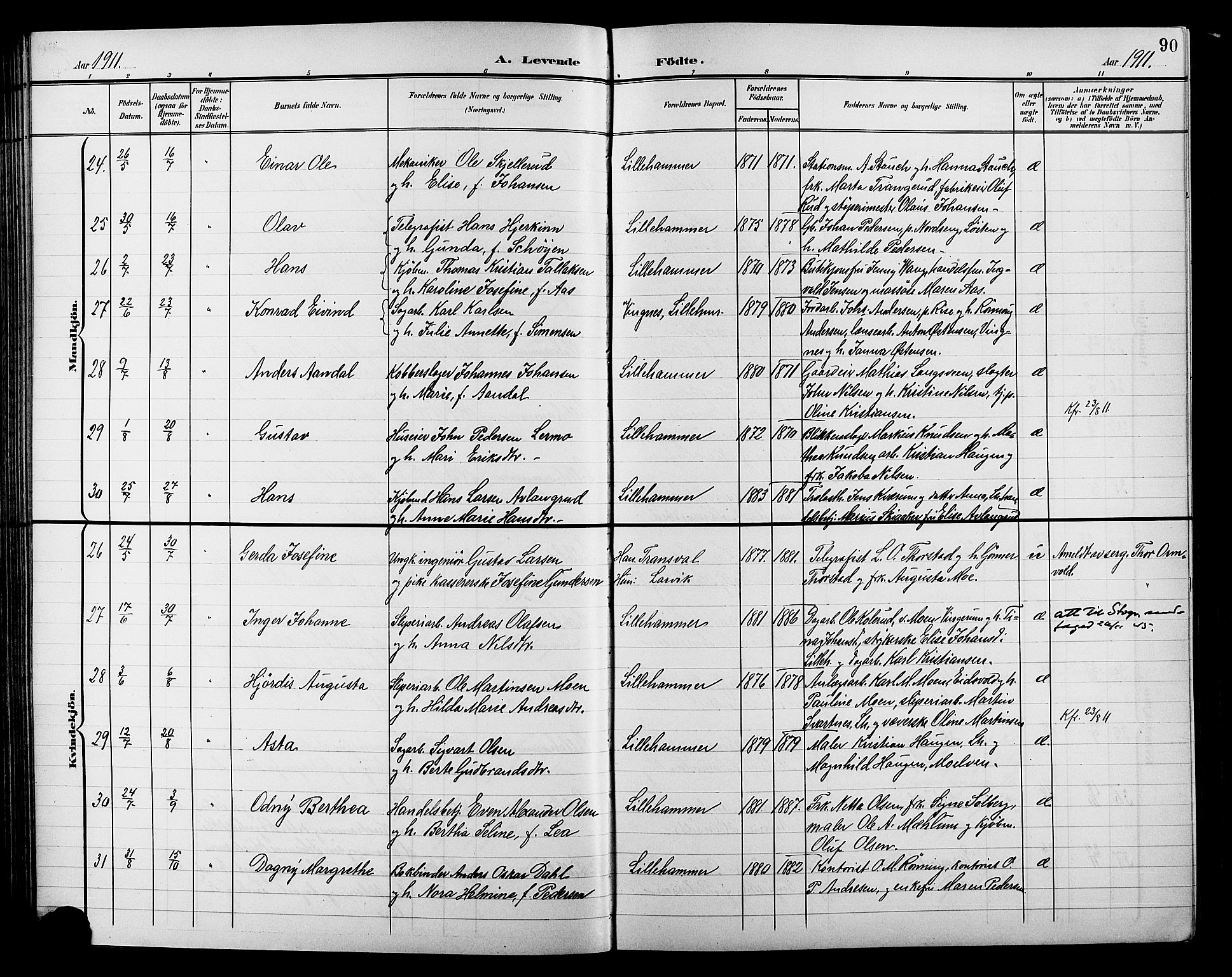 Lillehammer prestekontor, AV/SAH-PREST-088/H/Ha/Hab/L0001: Parish register (copy) no. 1, 1901-1913, p. 90