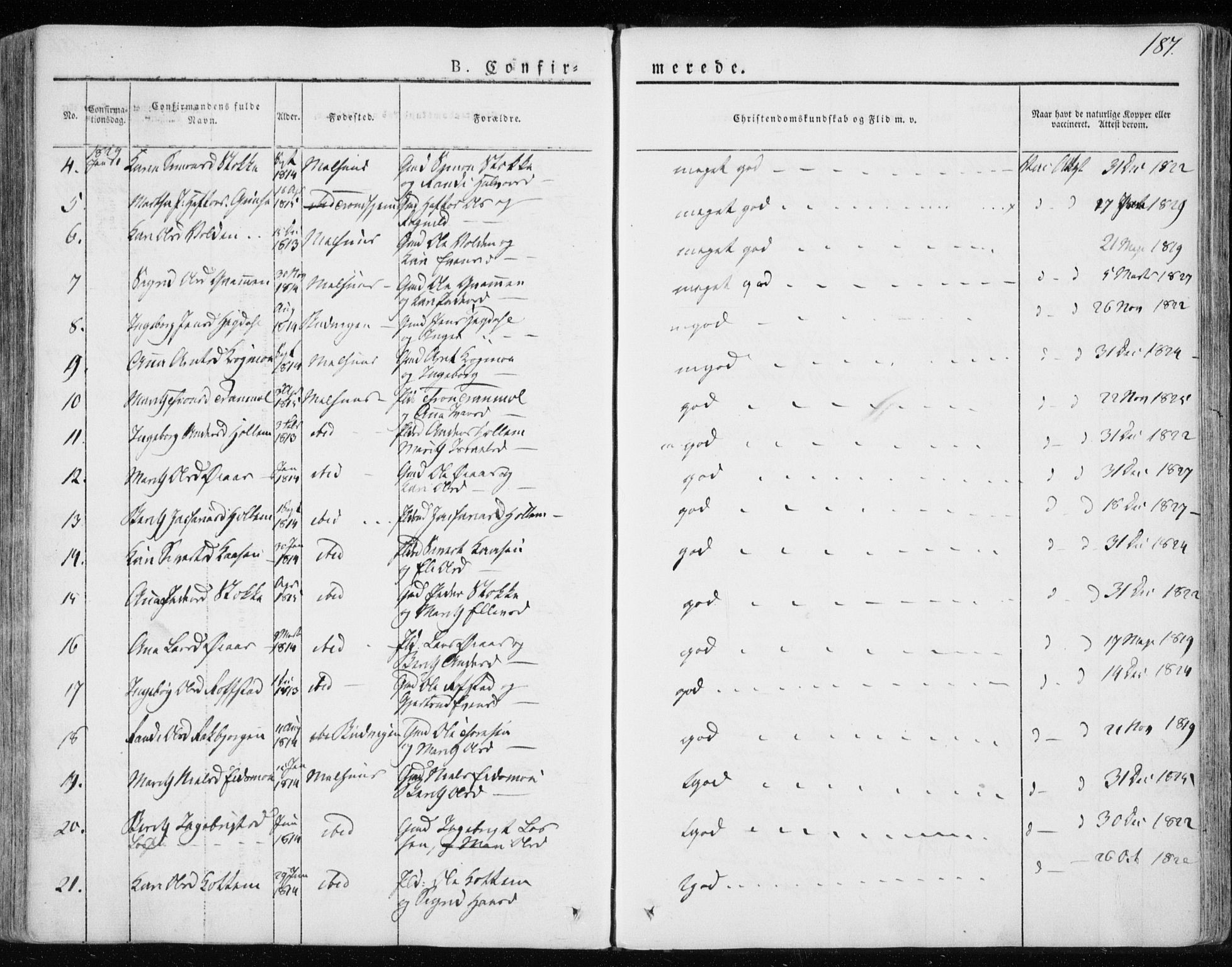 Ministerialprotokoller, klokkerbøker og fødselsregistre - Sør-Trøndelag, SAT/A-1456/691/L1069: Parish register (official) no. 691A04, 1826-1841, p. 187