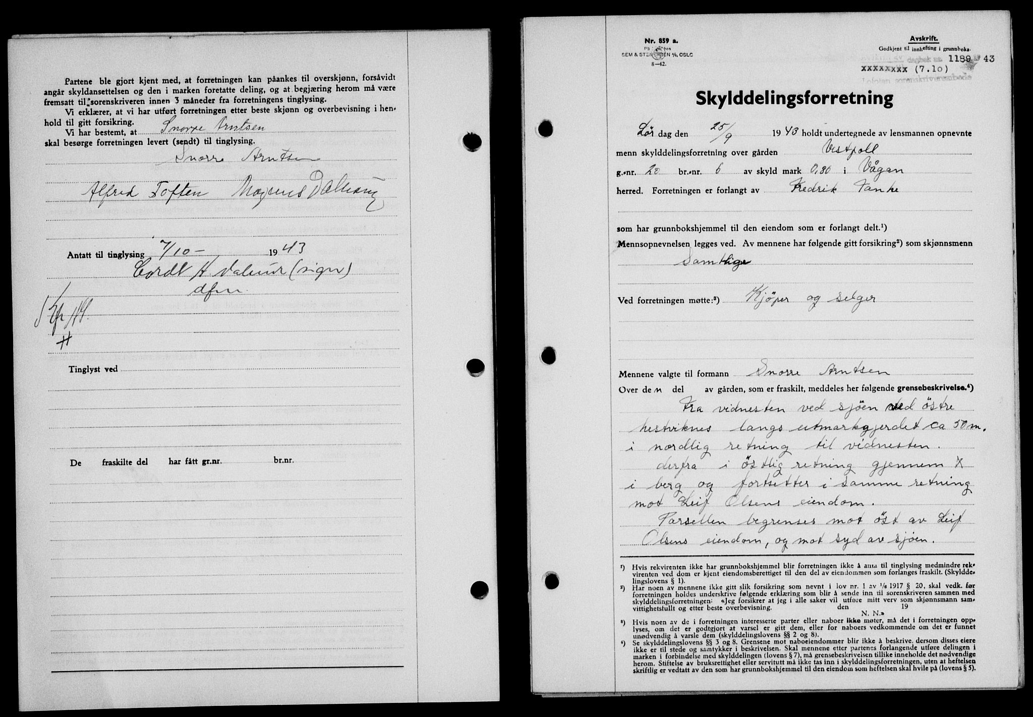 Lofoten sorenskriveri, SAT/A-0017/1/2/2C/L0011a: Mortgage book no. 11a, 1943-1943, Diary no: : 1189/1943