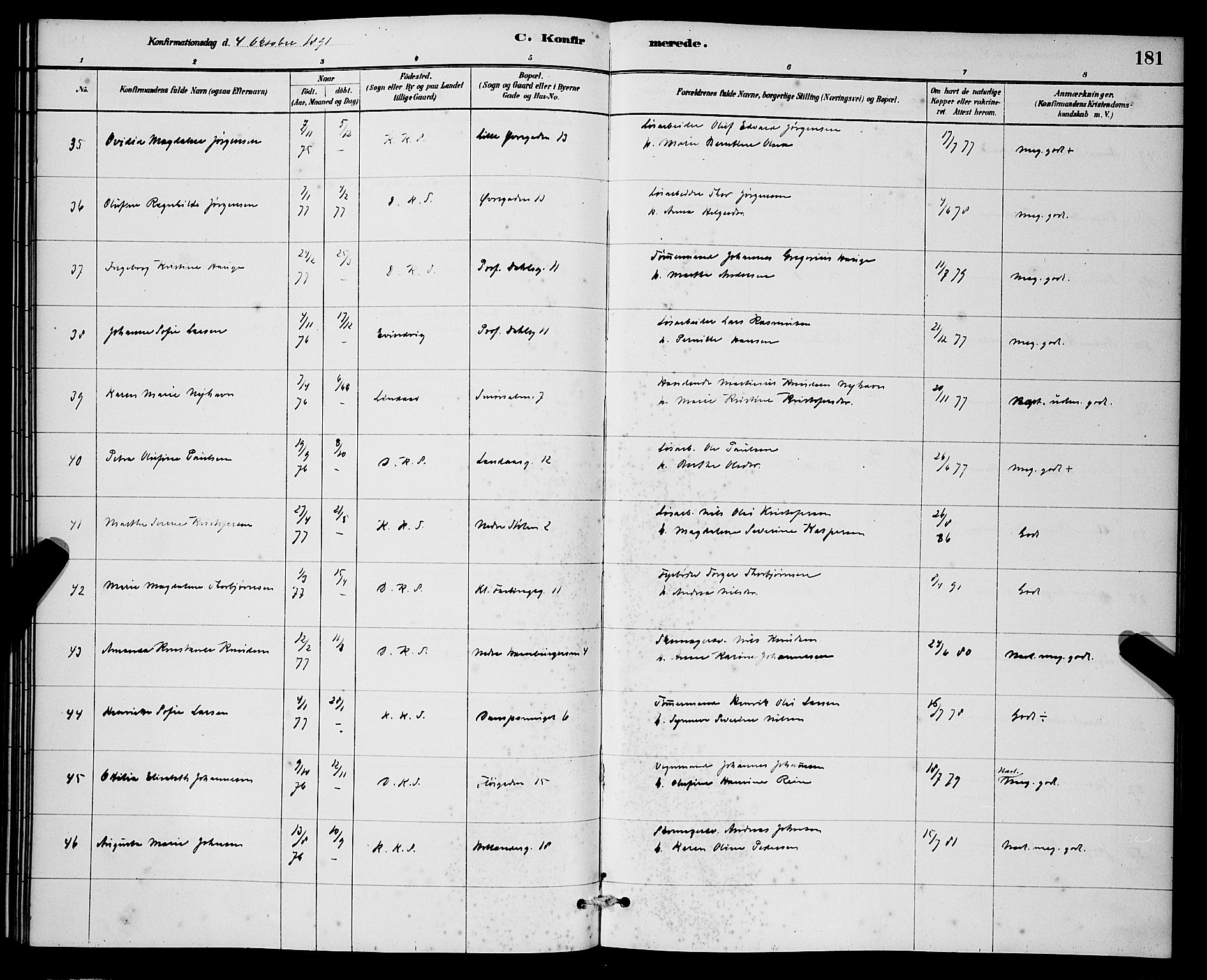 Korskirken sokneprestembete, AV/SAB-A-76101/H/Hab: Parish register (copy) no. C 3, 1880-1892, p. 181