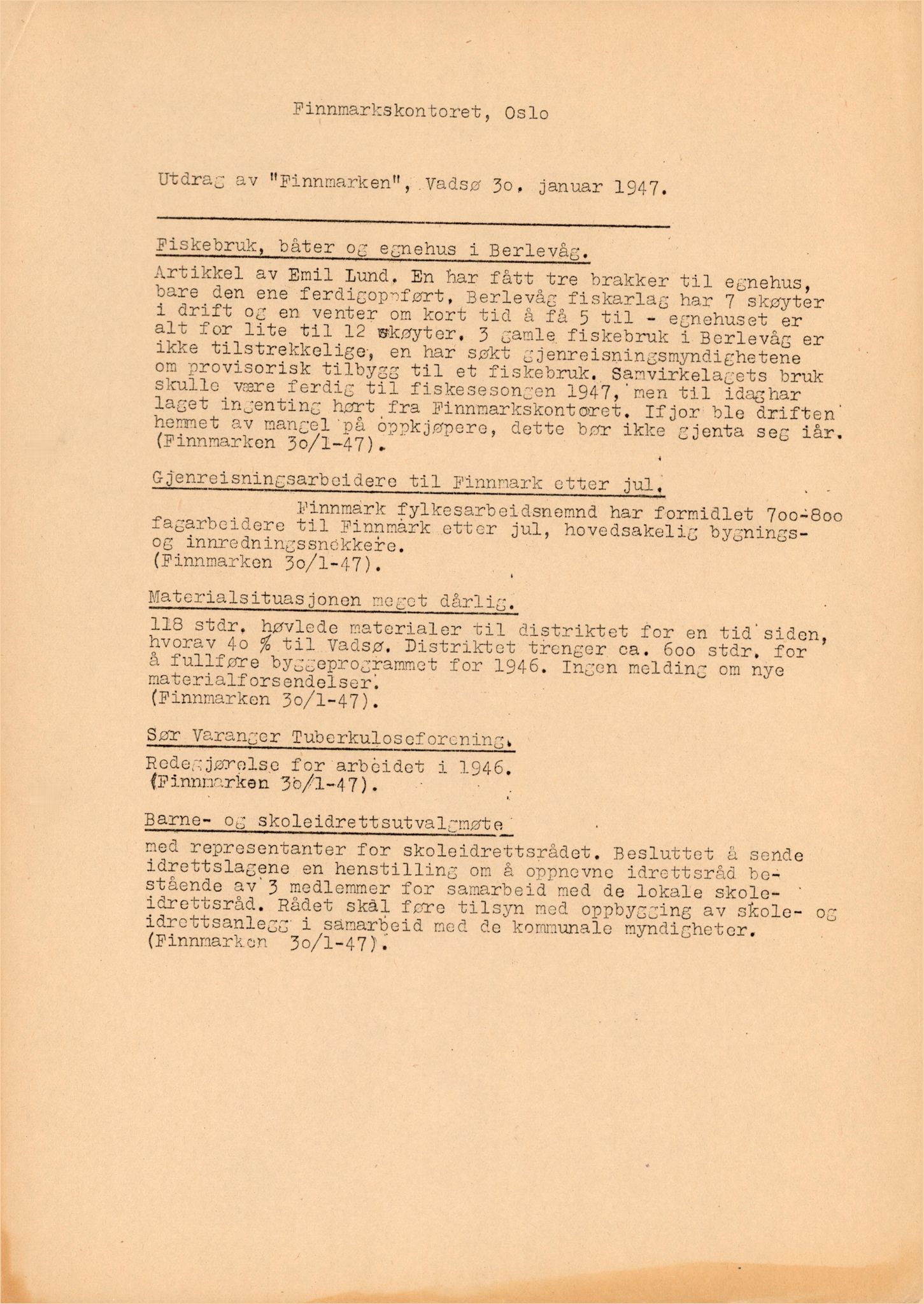 Finnmarkskontorets presse- og opplysningsarkiv , FMFB/A-1198/E/L0008/0002: 6. Presse / Utdrag av Finnmarken 1945-1948, to mapper