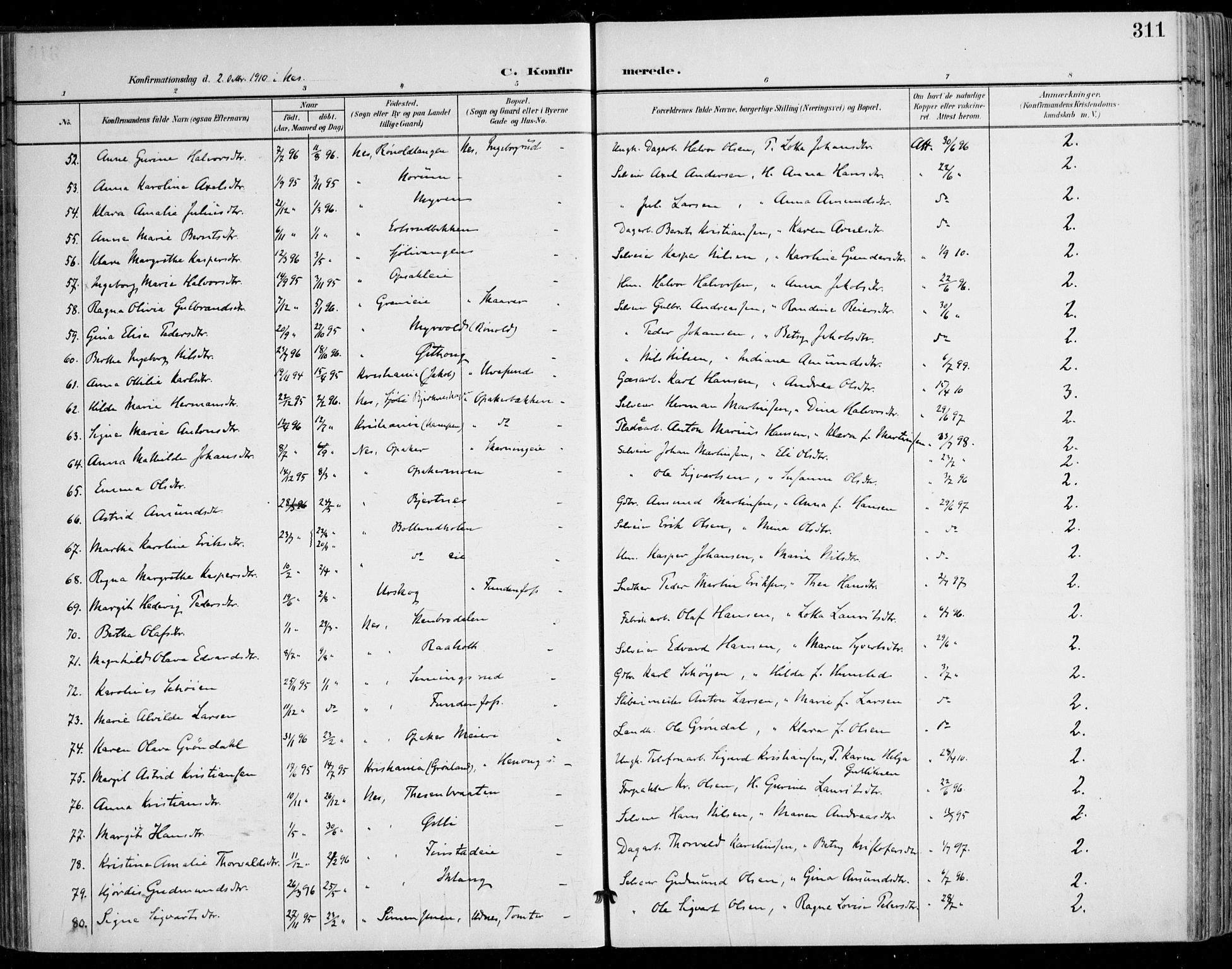 Nes prestekontor Kirkebøker, AV/SAO-A-10410/F/Fa/L0011: Parish register (official) no. I 11, 1899-1918, p. 311