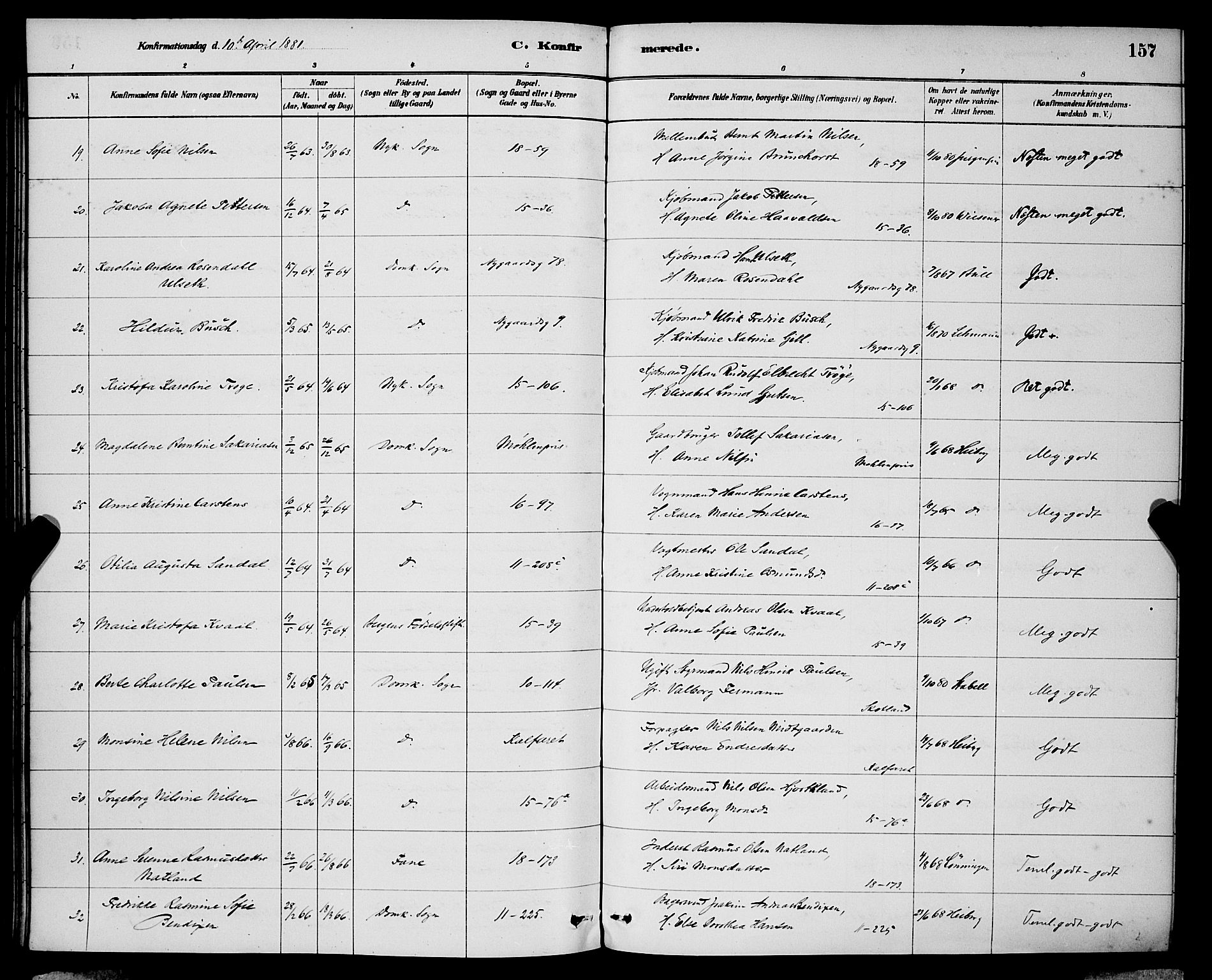 Domkirken sokneprestembete, SAB/A-74801/H/Hab/L0024: Parish register (copy) no. C 4, 1880-1899, p. 157