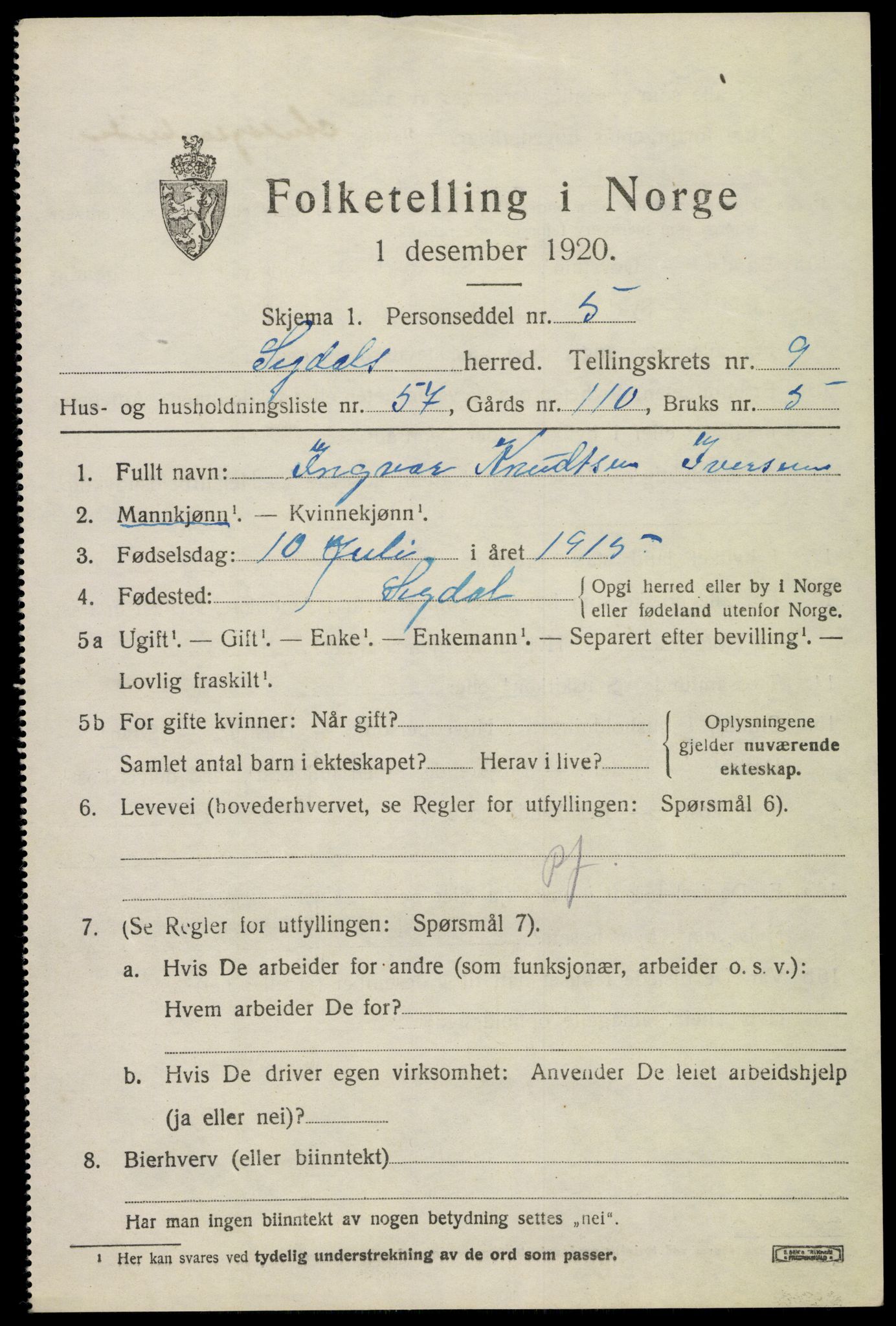 SAKO, 1920 census for Sigdal, 1920, p. 7046