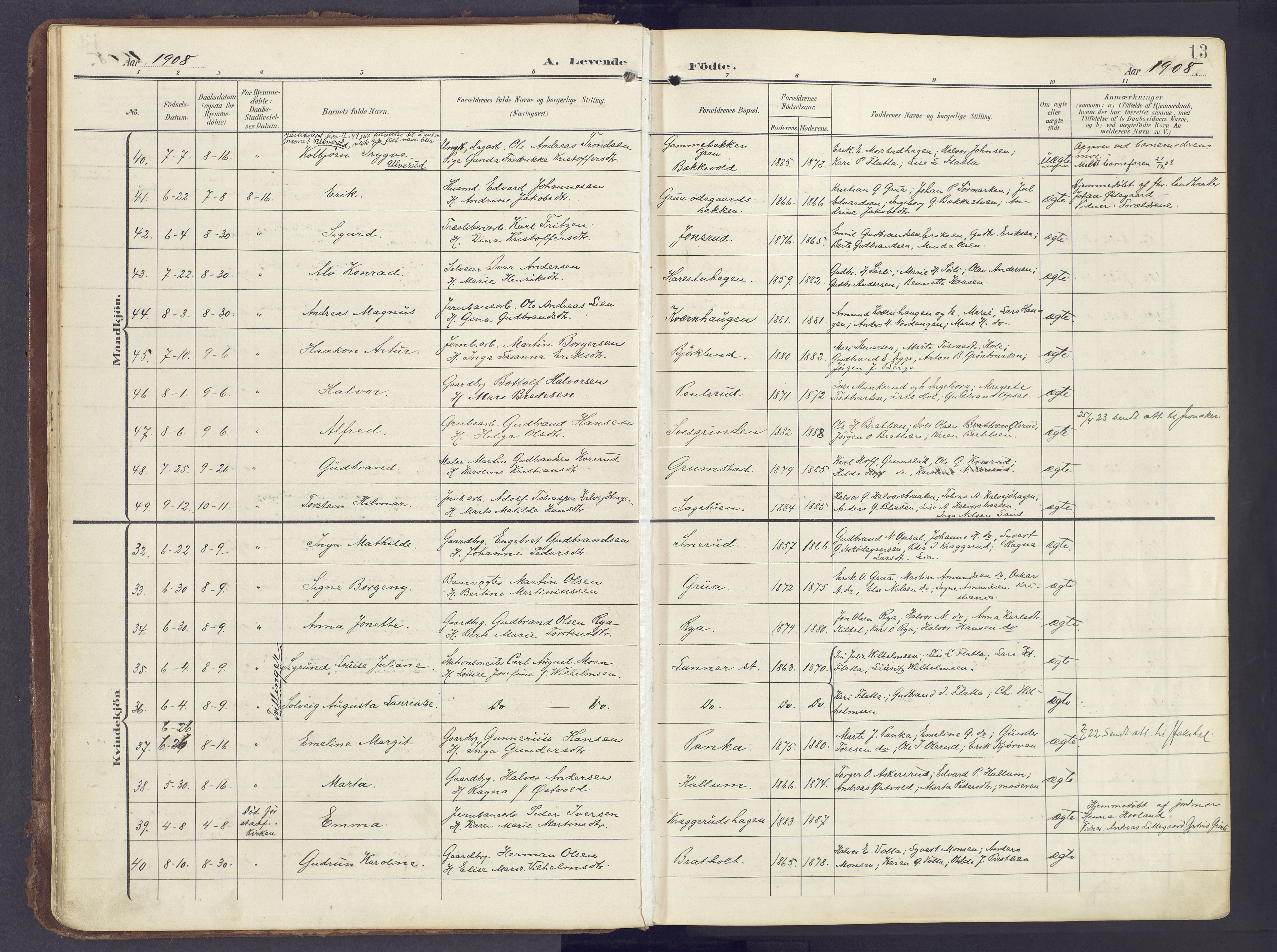Lunner prestekontor, AV/SAH-PREST-118/H/Ha/Haa/L0001: Parish register (official) no. 1, 1907-1922, p. 13