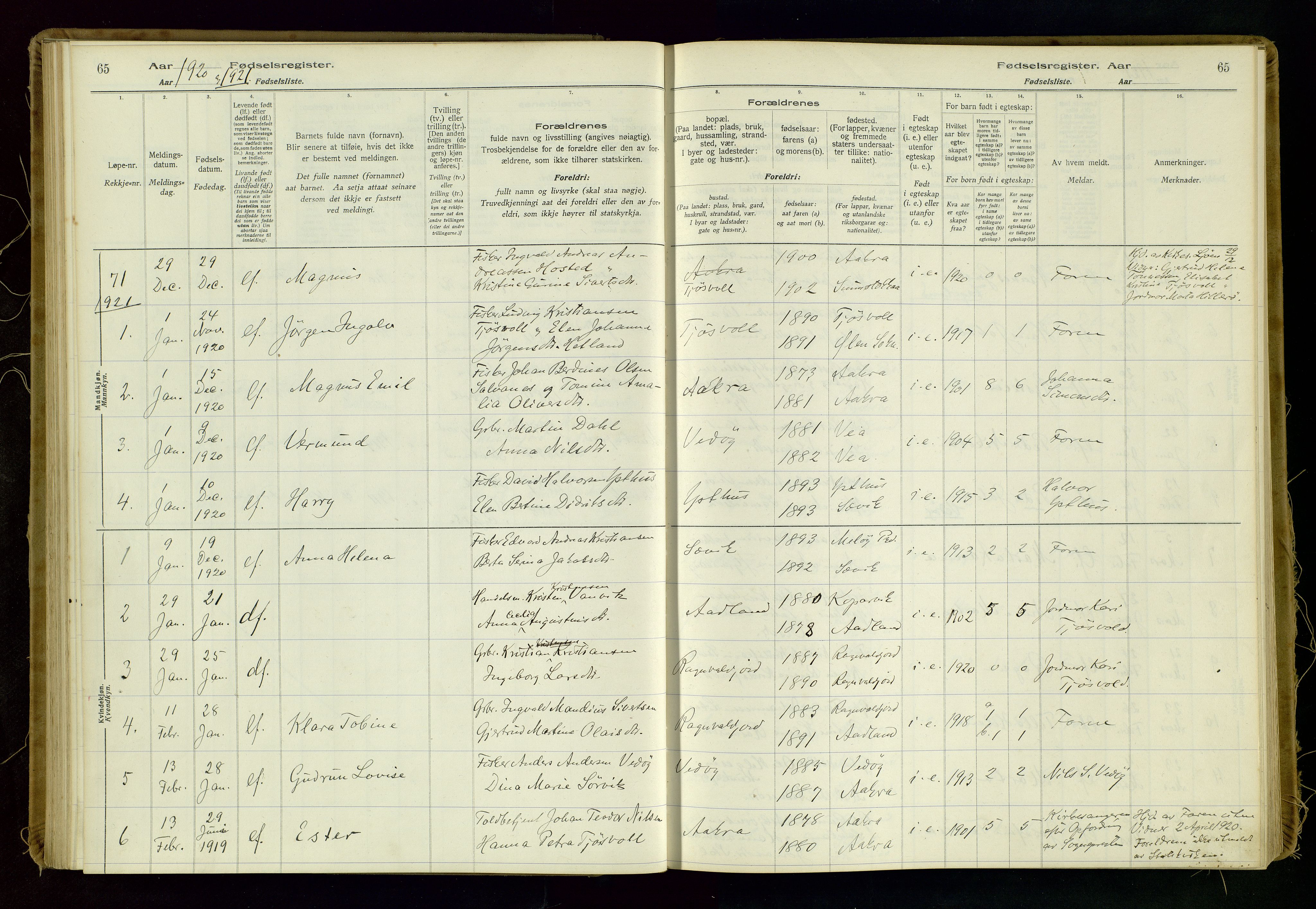 Kopervik sokneprestkontor, SAST/A-101850/I/Id/L0006: Birth register no. 6, 1916-1934, p. 65