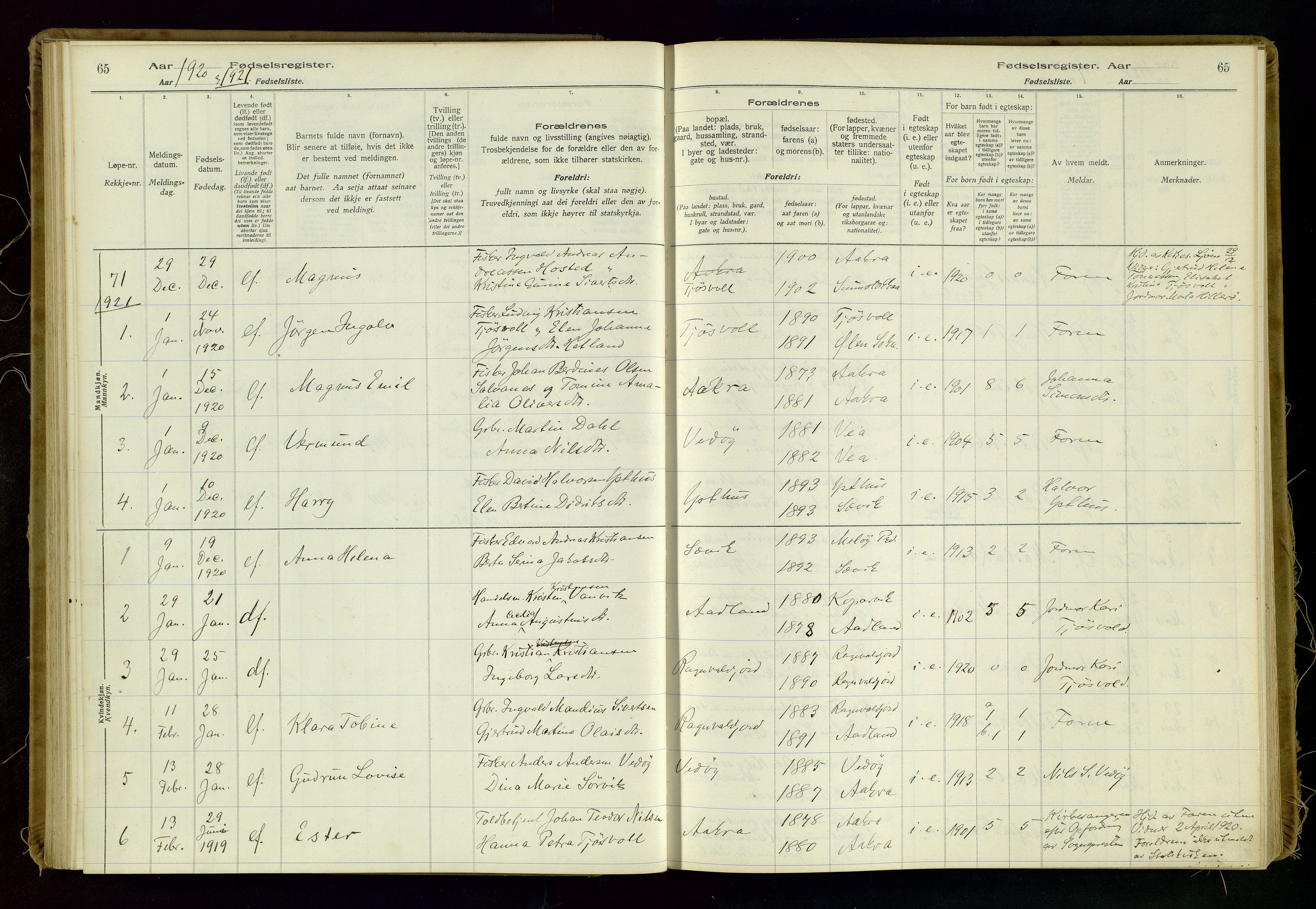 Kopervik sokneprestkontor, AV/SAST-A-101850/I/Id/L0006: Birth register no. 6, 1916-1934, p. 65