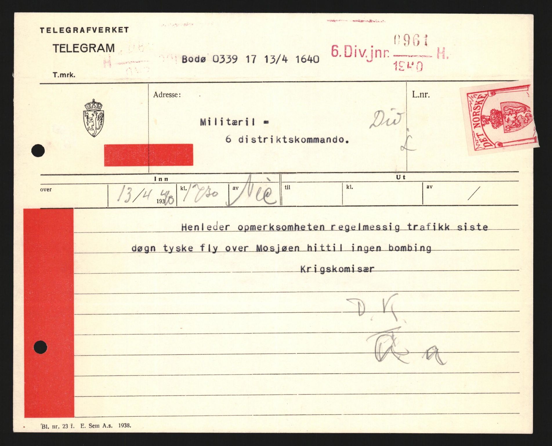 Forsvaret, Forsvarets krigshistoriske avdeling, AV/RA-RAFA-2017/Y/Yb/L0121: II-C-11-600  -  6. Divisjon med avdelinger, 1939-1940, p. 669