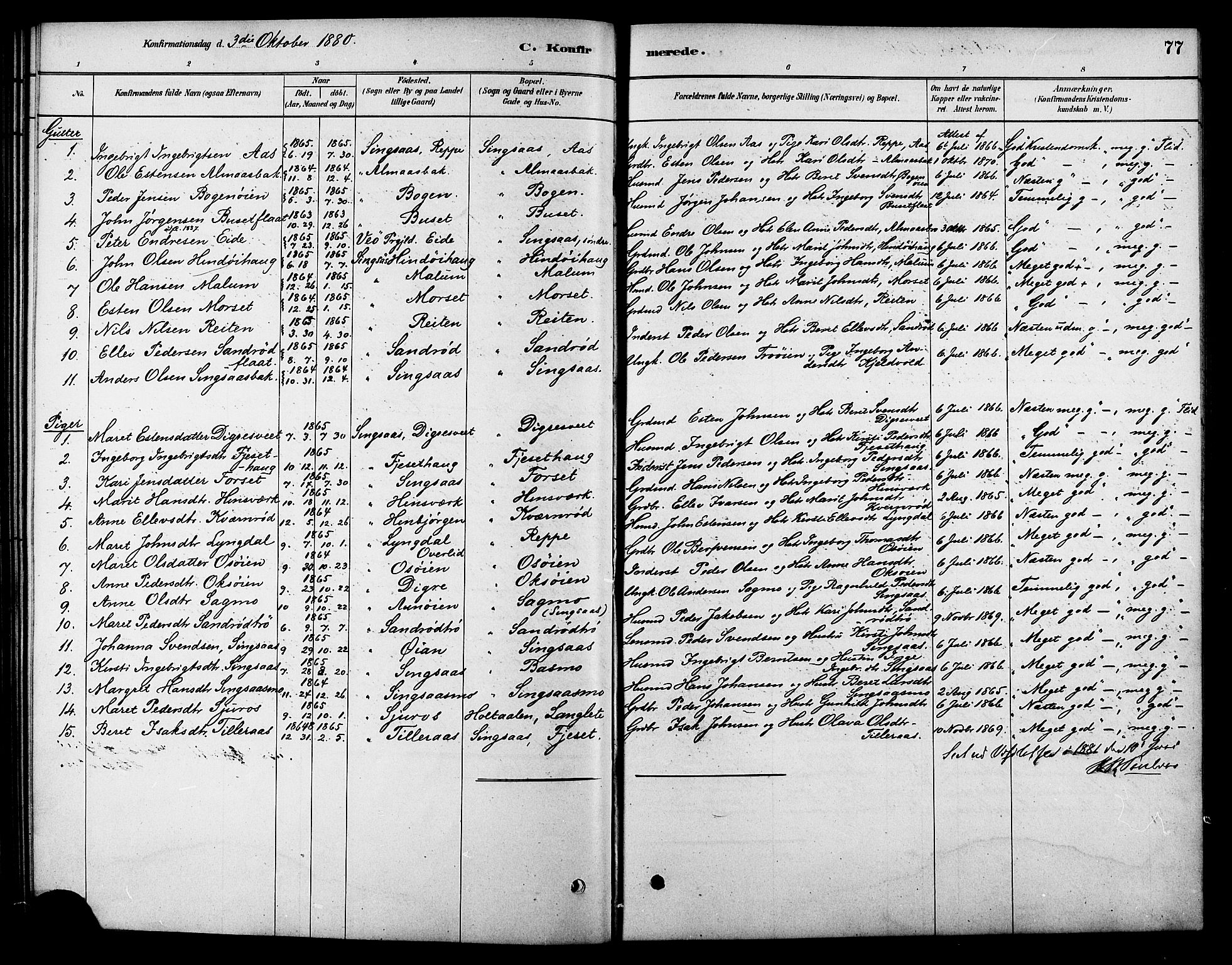 Ministerialprotokoller, klokkerbøker og fødselsregistre - Sør-Trøndelag, SAT/A-1456/688/L1024: Parish register (official) no. 688A01, 1879-1890, p. 77