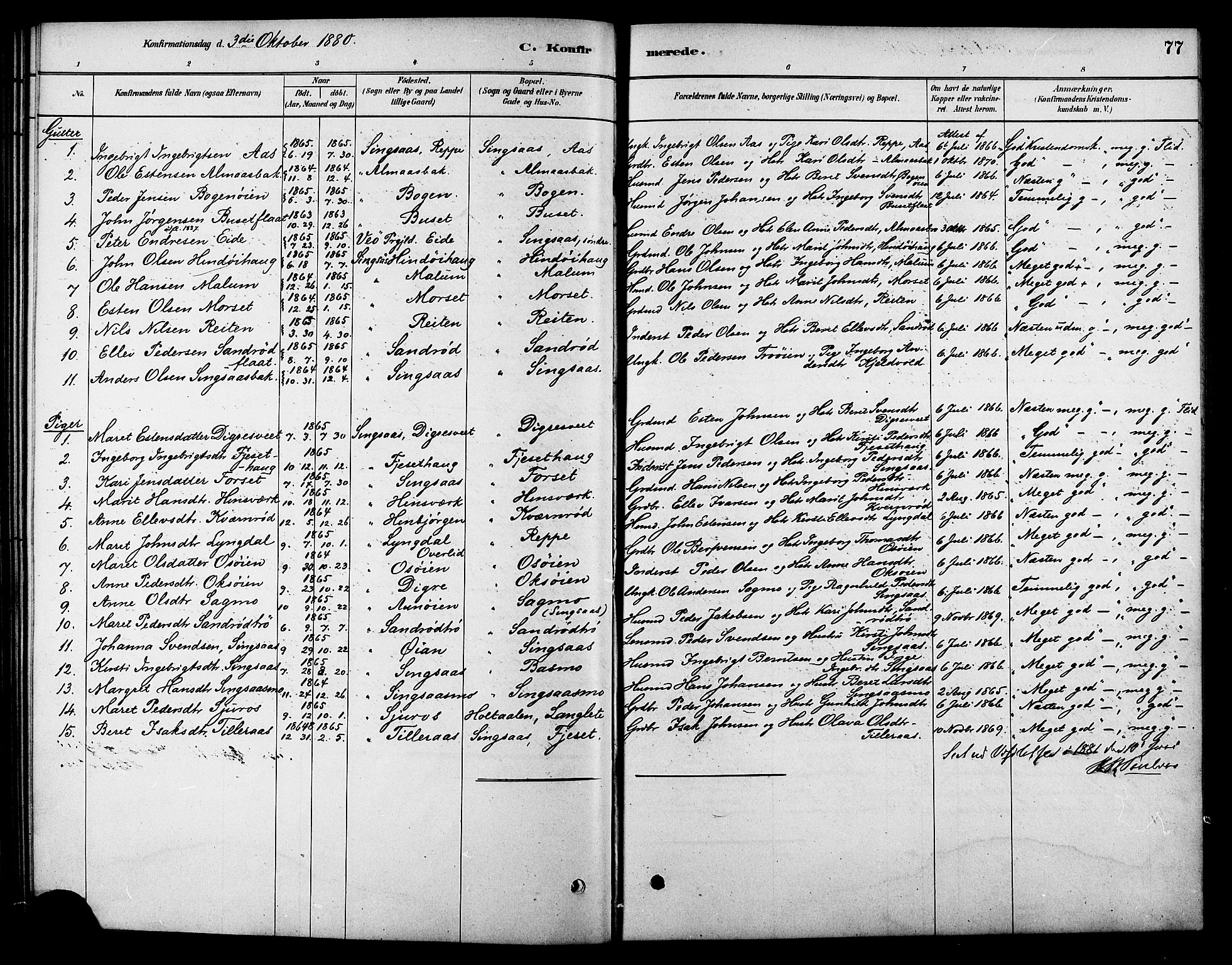 Ministerialprotokoller, klokkerbøker og fødselsregistre - Sør-Trøndelag, AV/SAT-A-1456/688/L1024: Parish register (official) no. 688A01, 1879-1890, p. 77