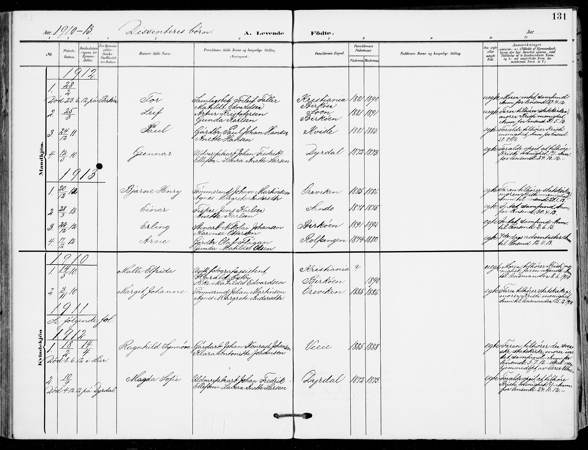 Sande Kirkebøker, SAKO/A-53/F/Fa/L0008: Parish register (official) no. 8, 1904-1921, p. 131