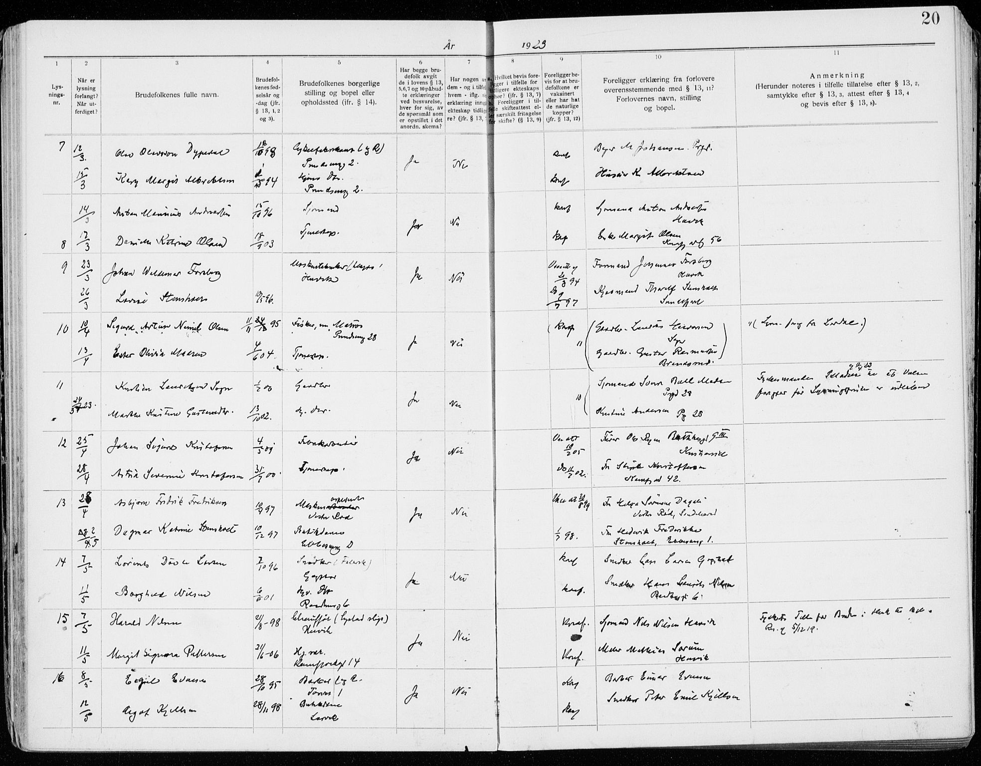 Sandefjord kirkebøker, AV/SAKO-A-315/H/Ha/L0001: Banns register no. 1, 1919-1939, p. 20