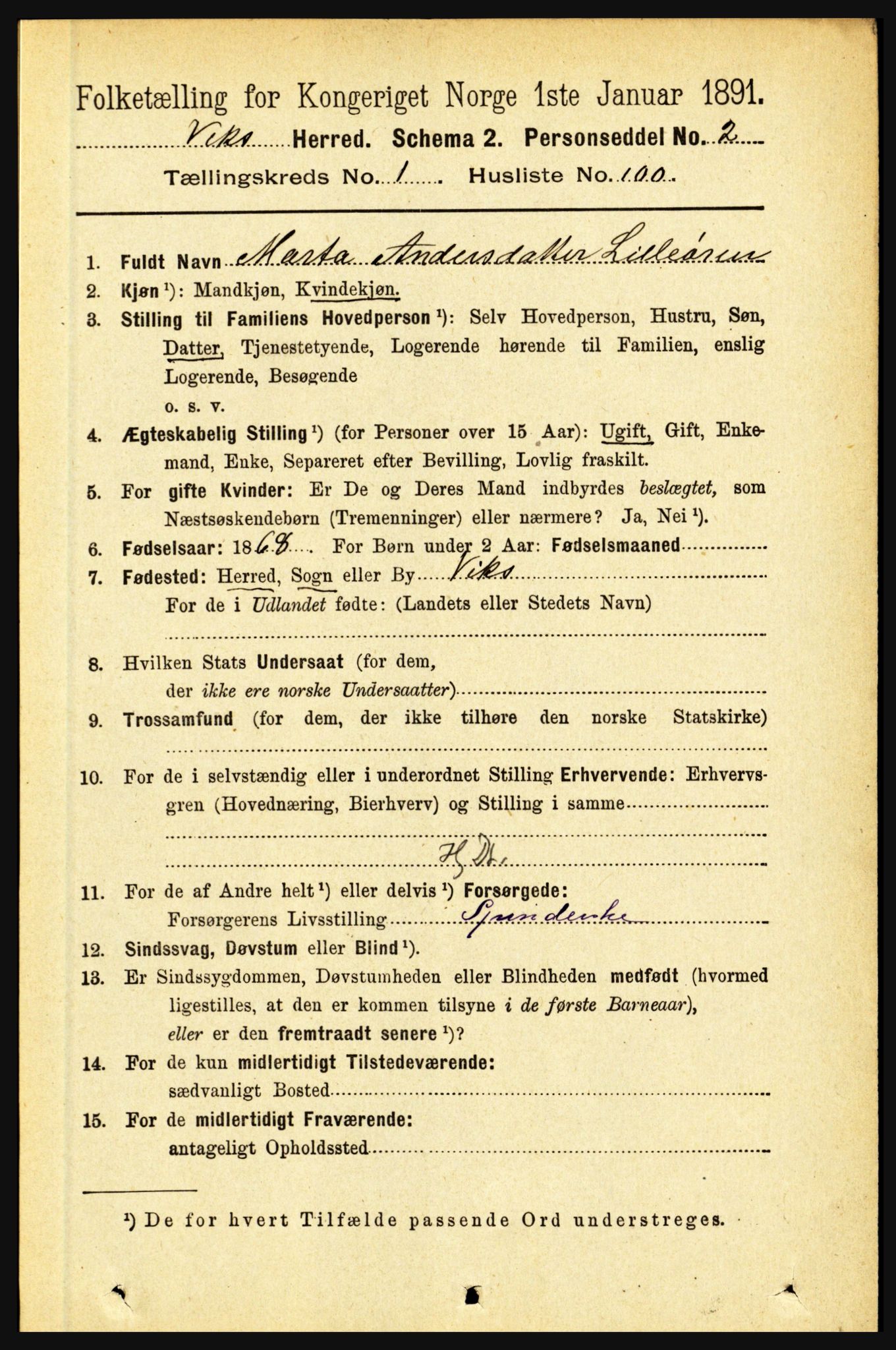 RA, 1891 census for 1417 Vik, 1891, p. 605