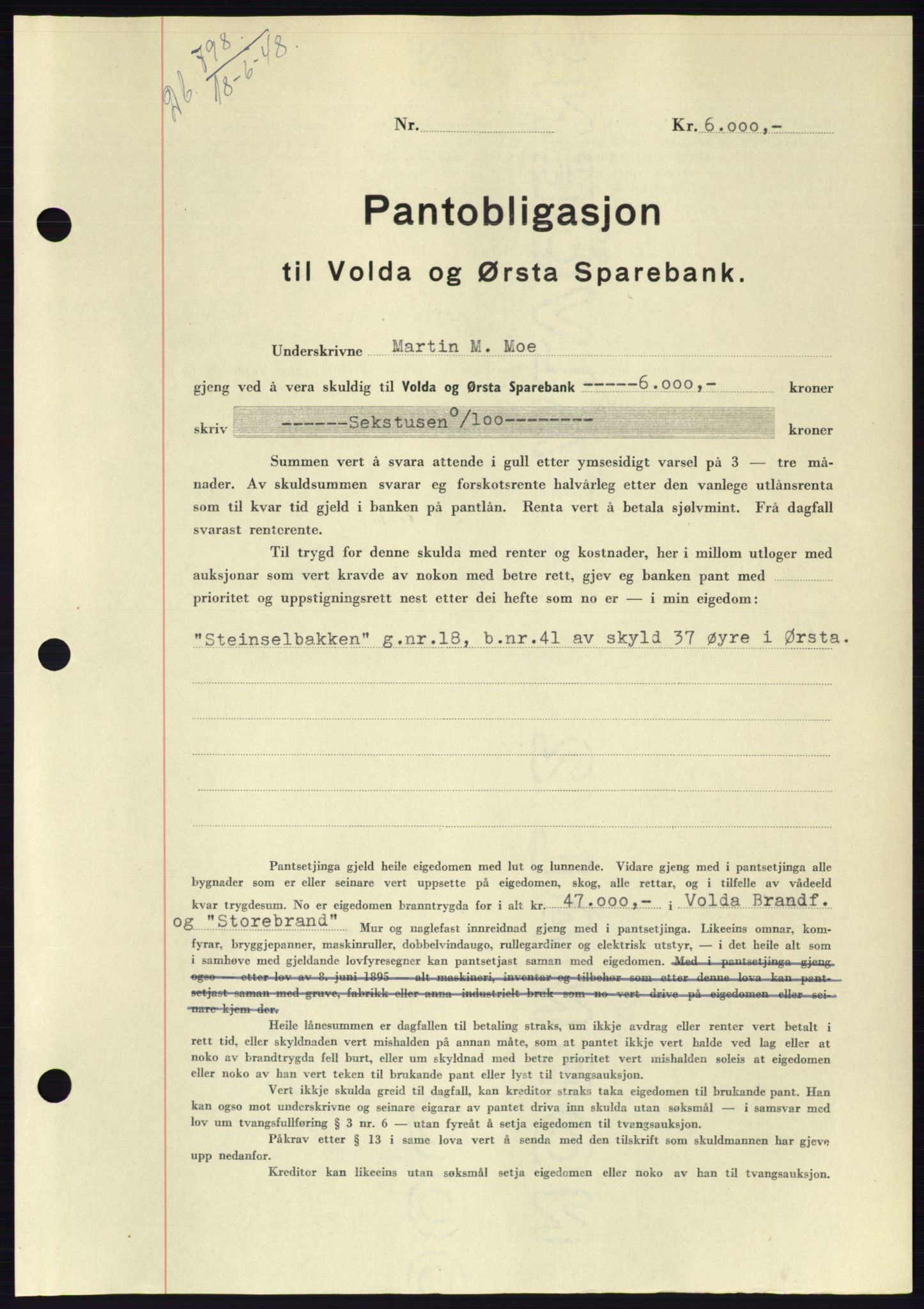 Søre Sunnmøre sorenskriveri, AV/SAT-A-4122/1/2/2C/L0116: Mortgage book no. 4B, 1948-1949, Diary no: : 798/1948