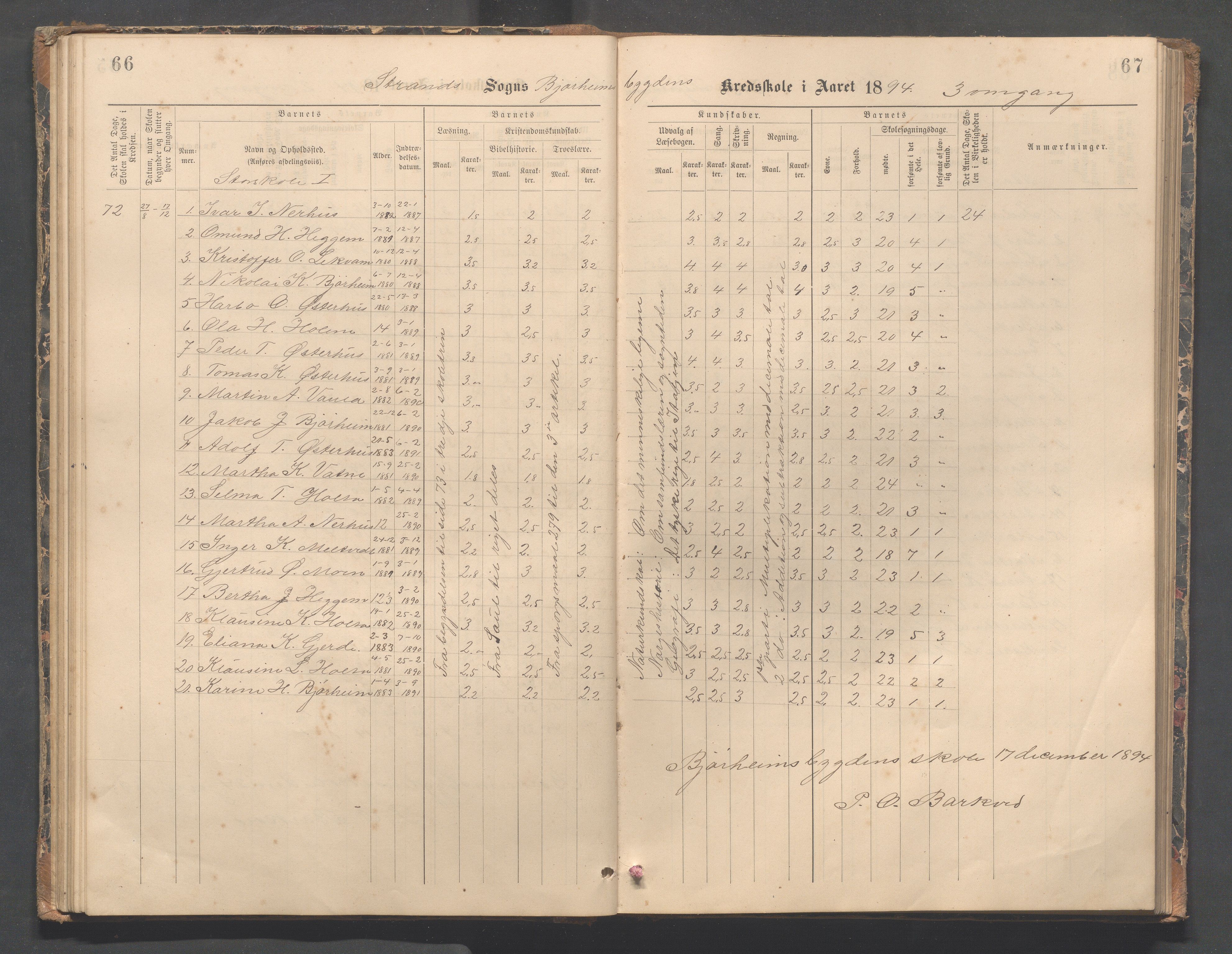 Strand kommune - Bjørheimsbygd skole, IKAR/A-147/H/L0002: Skoleprotokoll for Bjørheimsbygd og Lekvam krets, 1891-1907, p. 66-67