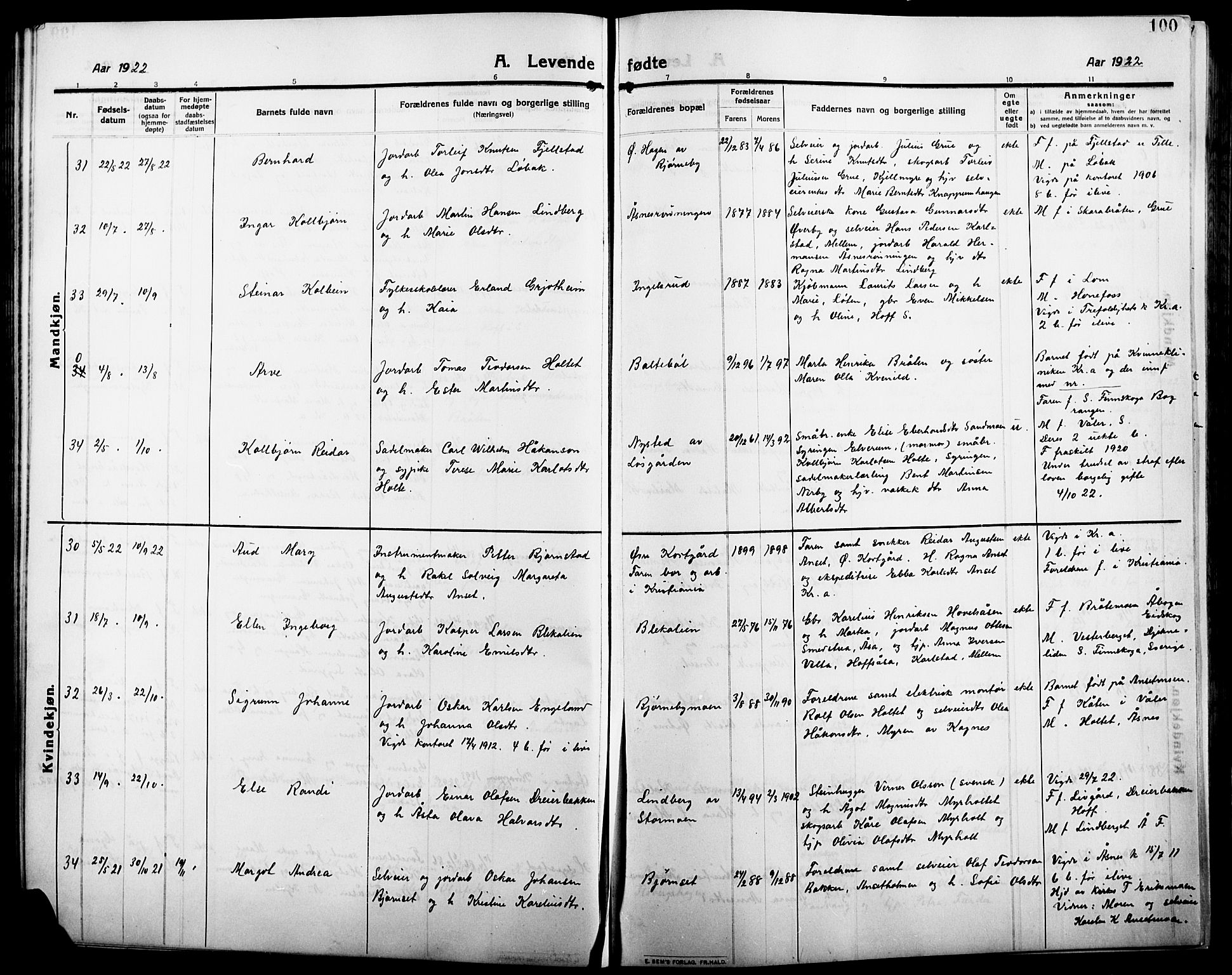 Åsnes prestekontor, AV/SAH-PREST-042/H/Ha/Hab/L0007: Parish register (copy) no. 7, 1909-1926, p. 100