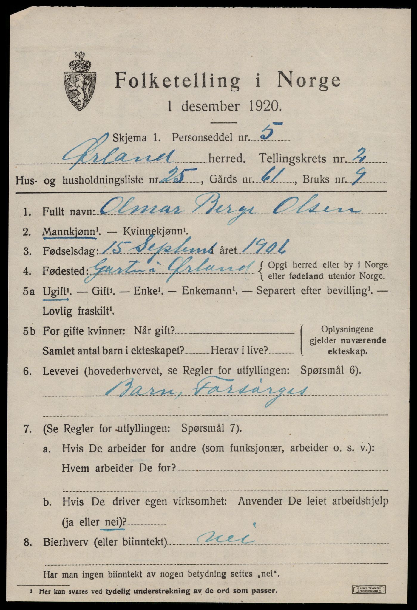 SAT, 1920 census for Ørland, 1920, p. 2471