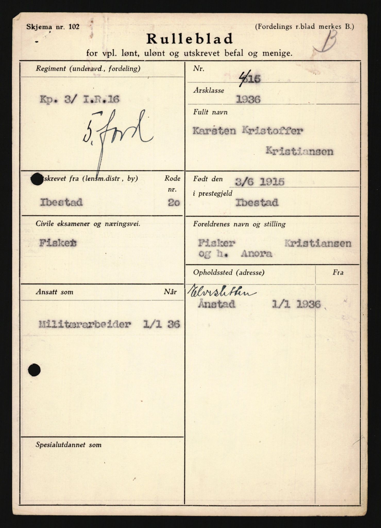 Forsvaret, Troms infanteriregiment nr. 16, AV/RA-RAFA-3146/P/Pa/L0020: Rulleblad for regimentets menige mannskaper, årsklasse 1936, 1936, p. 713