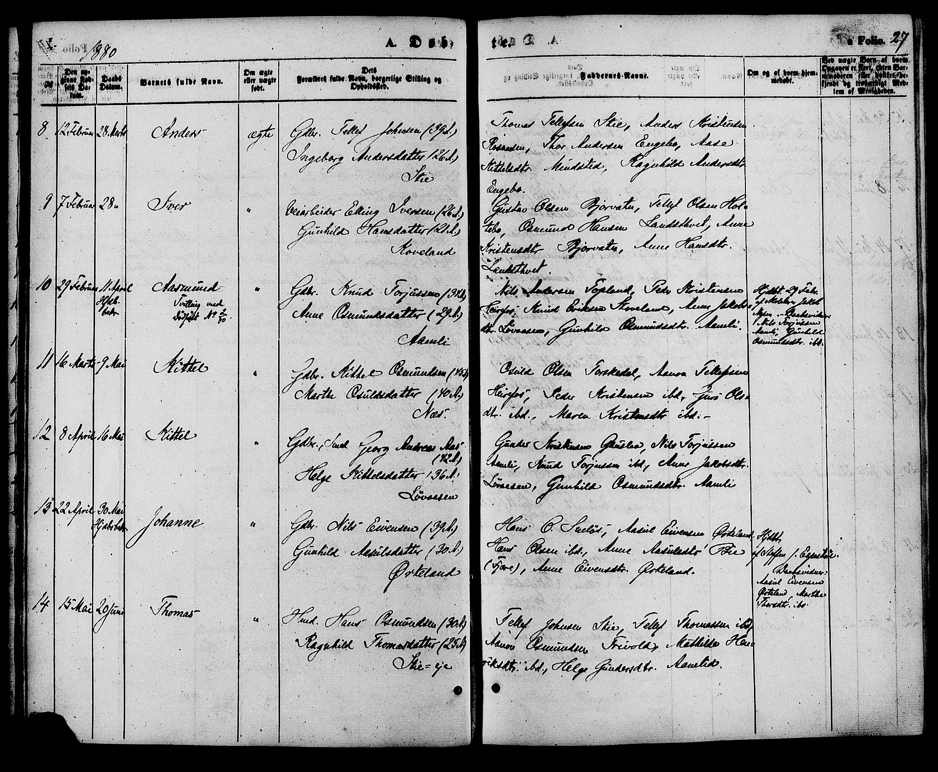 Herefoss sokneprestkontor, AV/SAK-1111-0019/F/Fa/Faa/L0002: Parish register (official) no. A 2, 1861-1886, p. 27