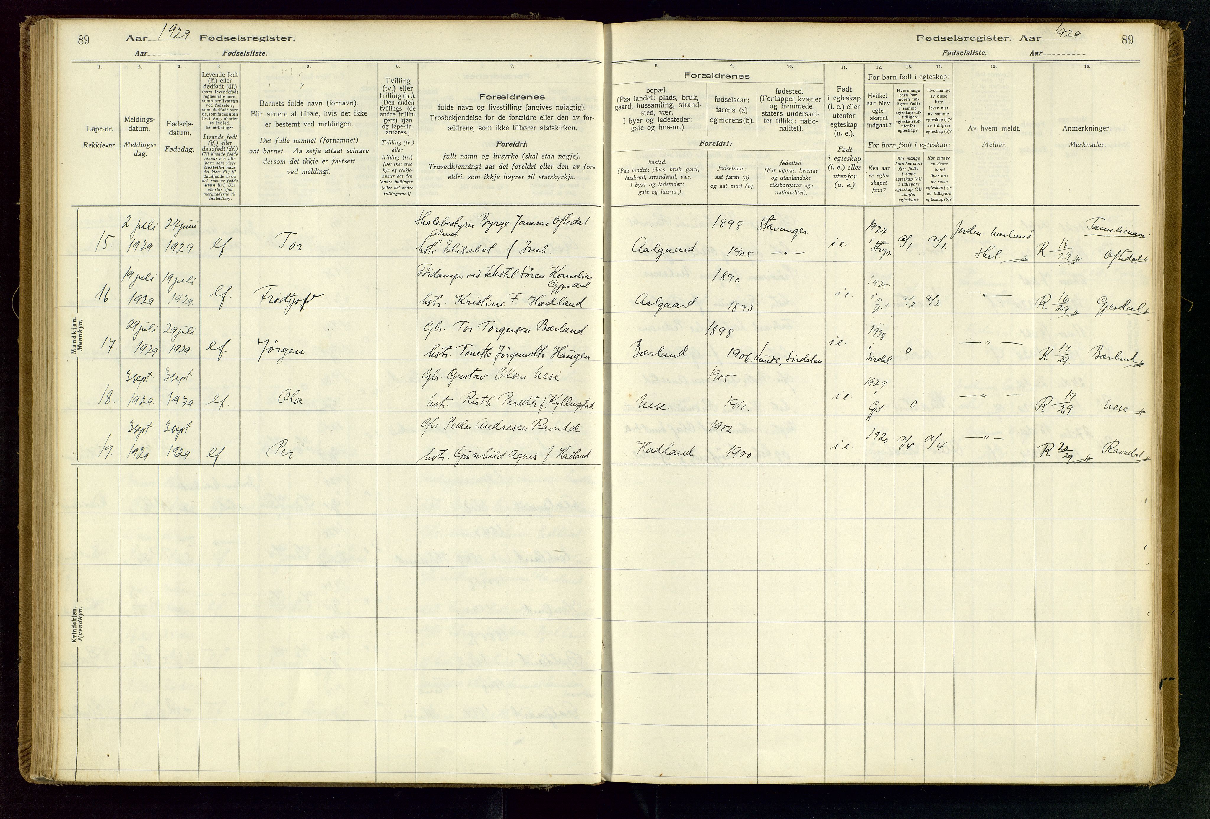 Gjesdal sokneprestkontor, AV/SAST-A-101796/002/O/L0001: Birth register no. 1, 1916-1949, p. 89