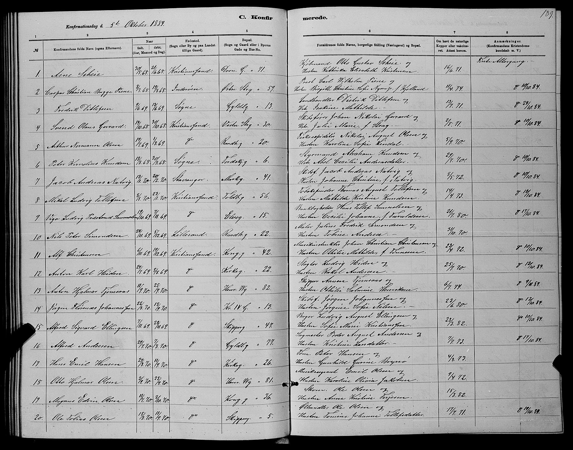 Kristiansand domprosti, SAK/1112-0006/F/Fb/L0016: Parish register (copy) no. B 16, 1881-1893, p. 189