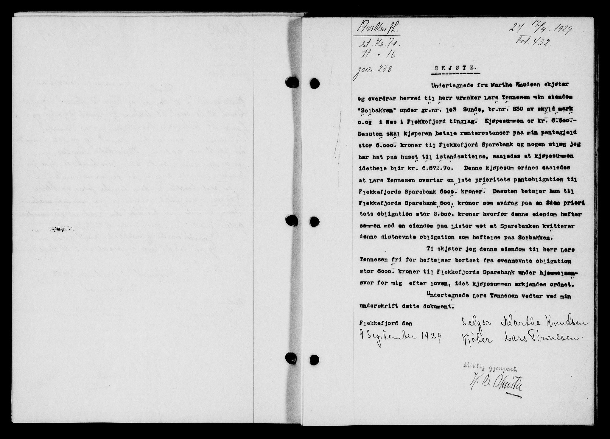 Flekkefjord sorenskriveri, SAK/1221-0001/G/Gb/Gba/L0045: Mortgage book no. 43, 1929-1930, Deed date: 17.09.1929