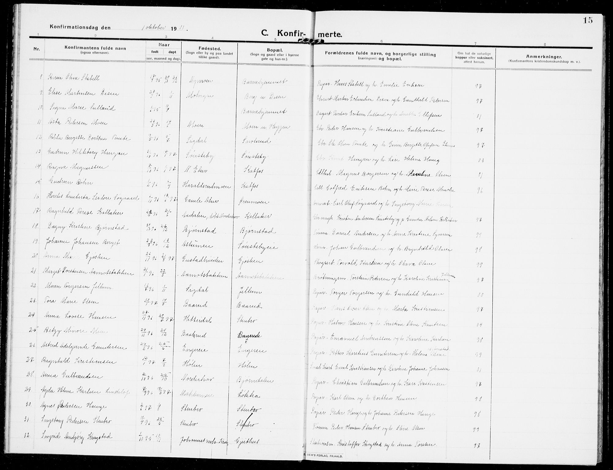 Modum kirkebøker, AV/SAKO-A-234/G/Ga/L0010: Parish register (copy) no. I 10, 1909-1923, p. 15