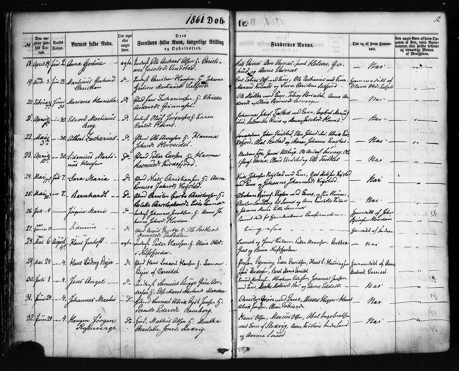 Ministerialprotokoller, klokkerbøker og fødselsregistre - Nordland, SAT/A-1459/885/L1203: Parish register (official) no. 885A04, 1859-1877, p. 12
