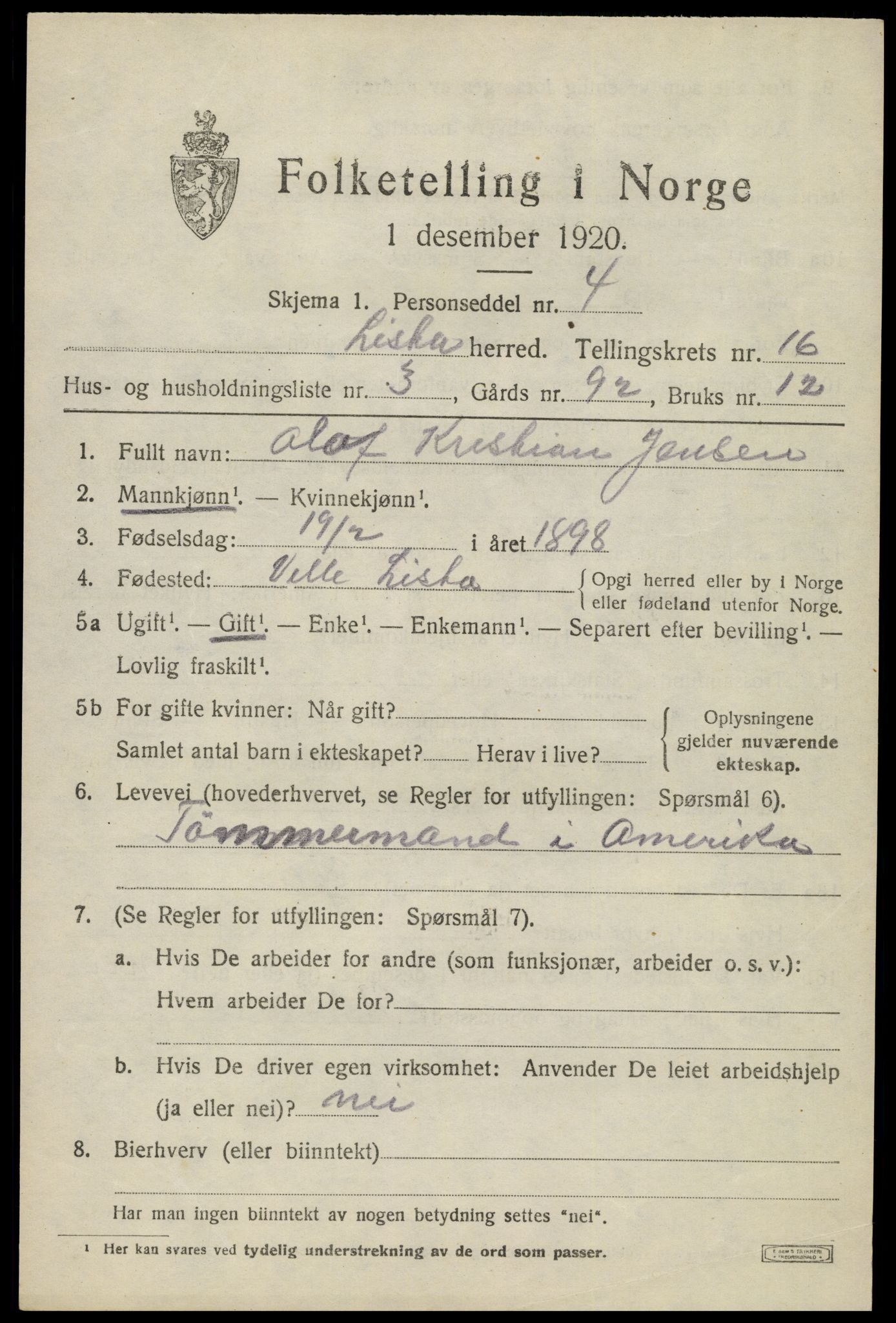 SAK, 1920 census for Lista, 1920, p. 12957