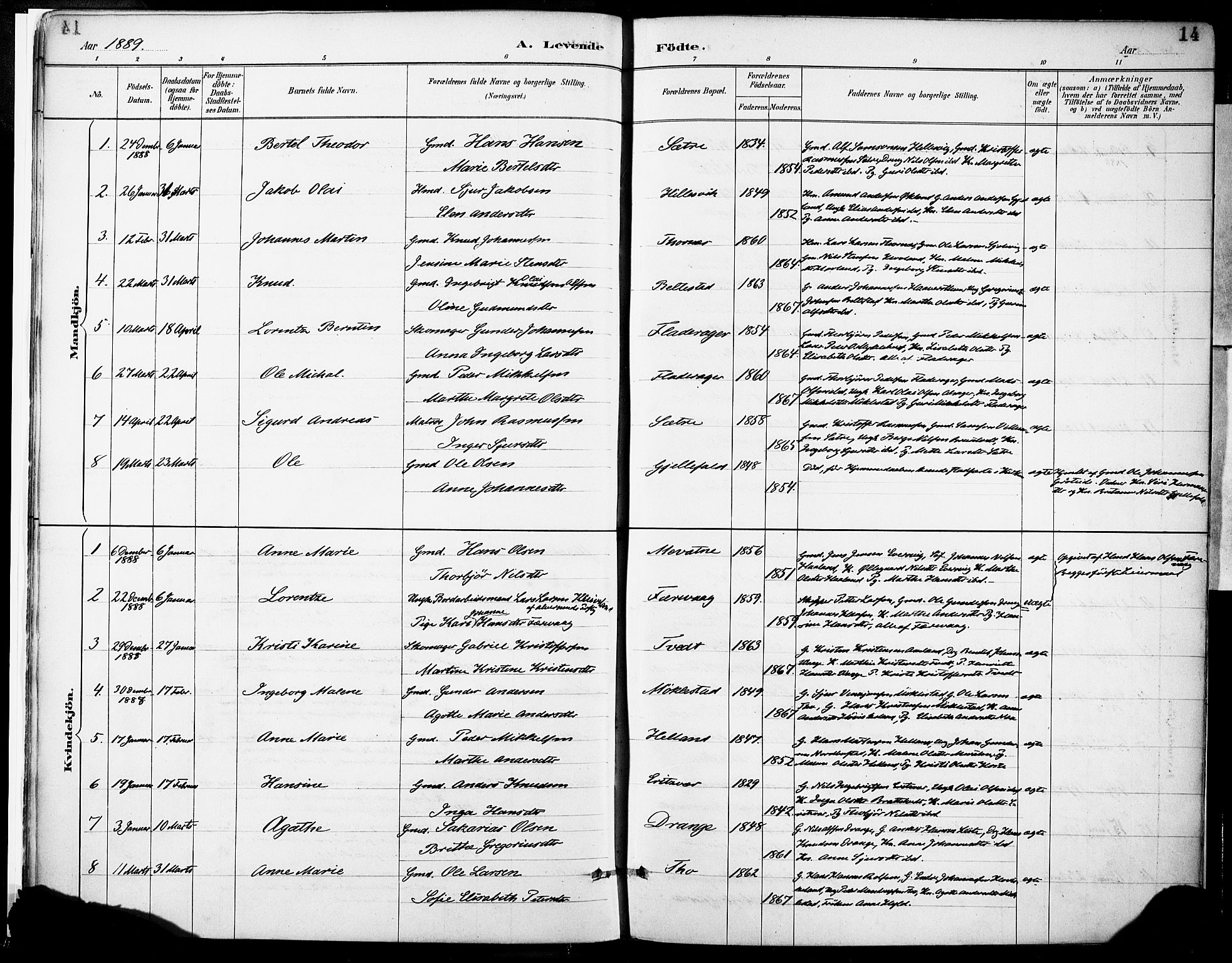 Tysnes sokneprestembete, SAB/A-78601/H/Haa: Parish register (official) no. D 1, 1887-1904, p. 14