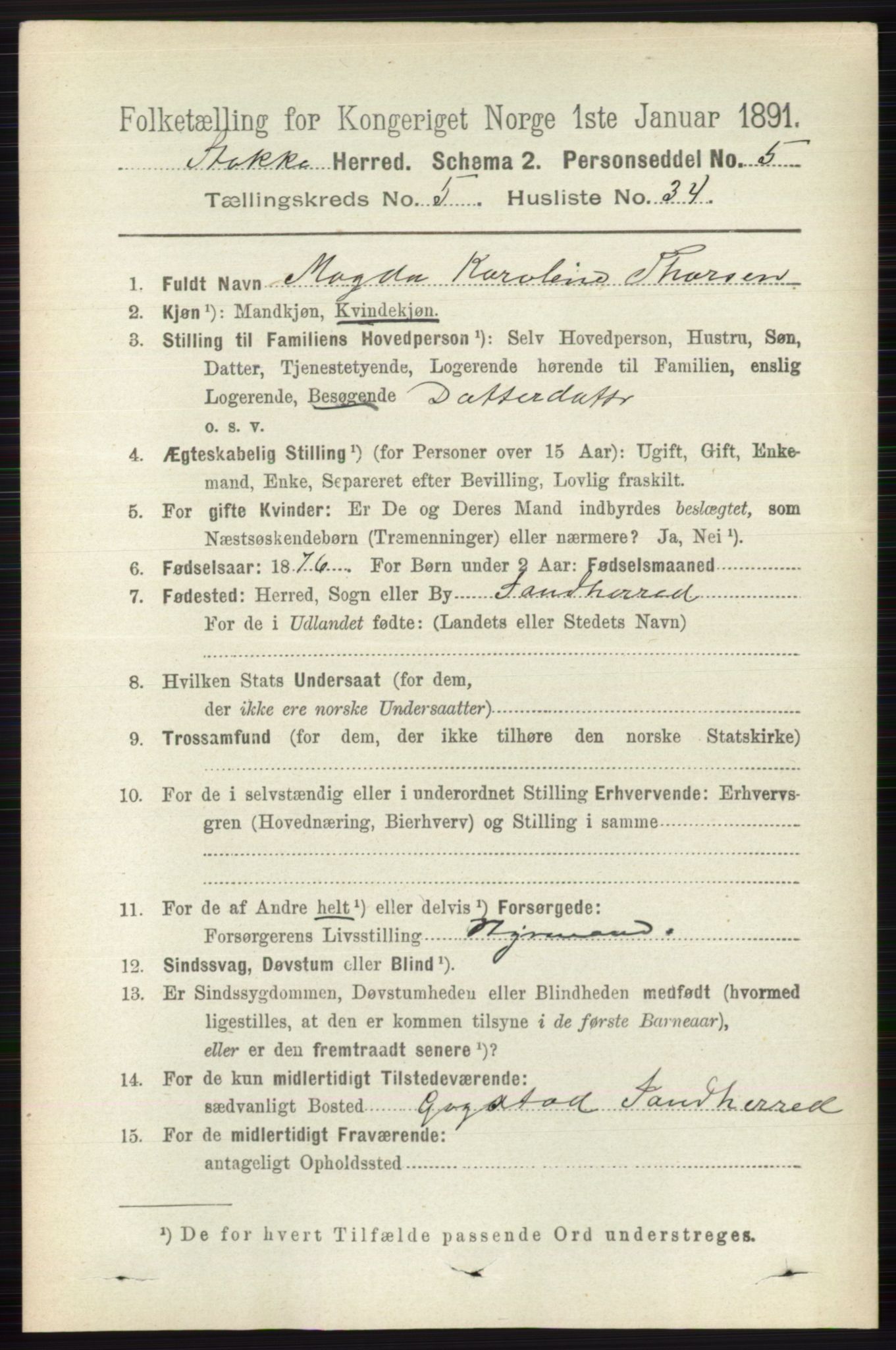 RA, 1891 census for 0720 Stokke, 1891, p. 3273