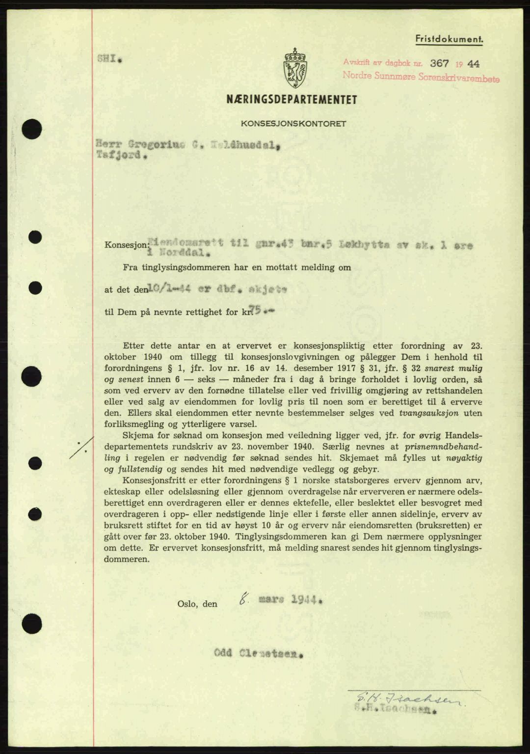 Nordre Sunnmøre sorenskriveri, SAT/A-0006/1/2/2C/2Ca: Mortgage book no. B6-14 a, 1942-1945, Diary no: : 367/1944