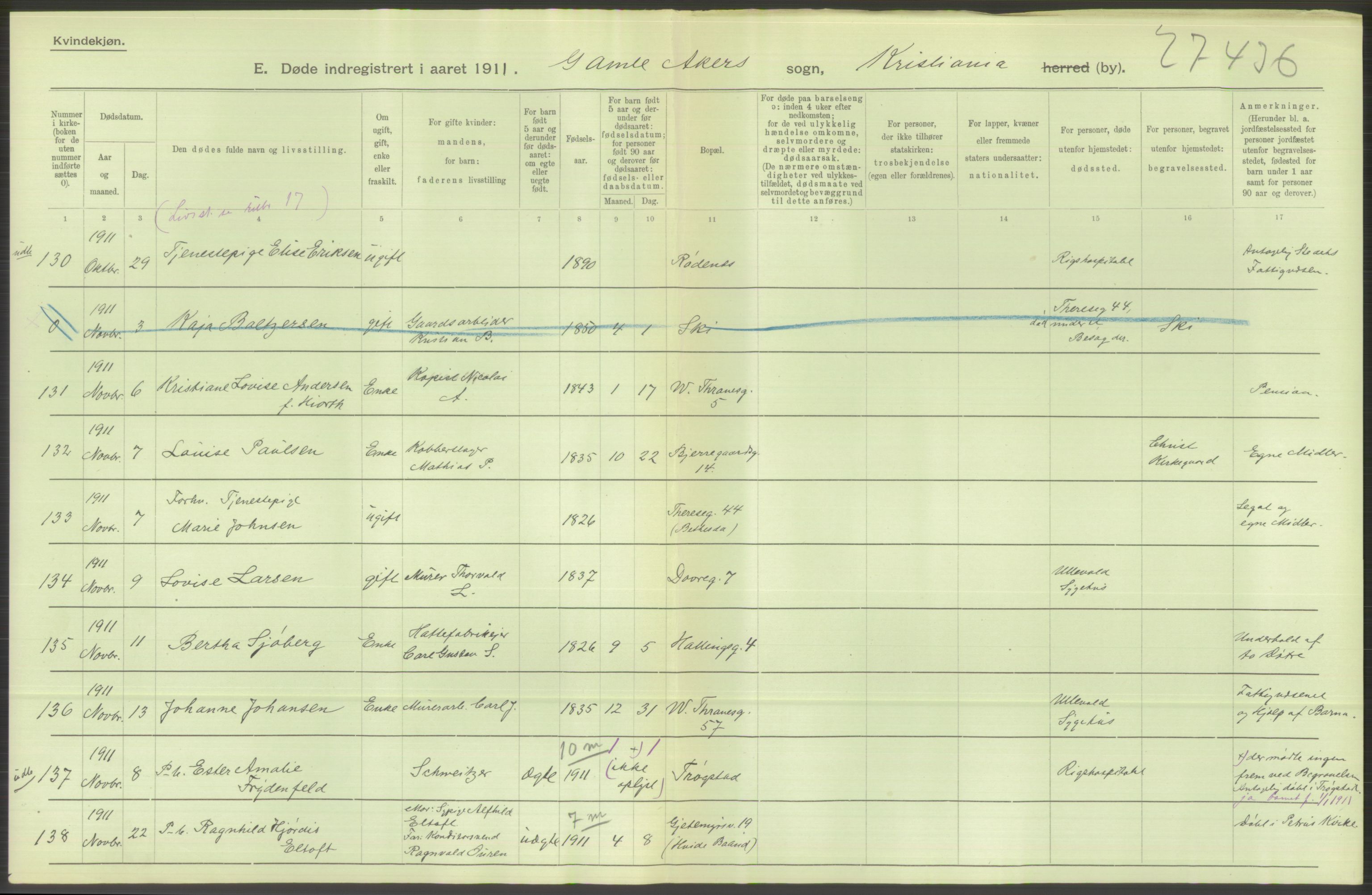 Statistisk sentralbyrå, Sosiodemografiske emner, Befolkning, AV/RA-S-2228/D/Df/Dfb/Dfba/L0010: Kristiania: Døde kvinner samt dødfødte., 1911, p. 546