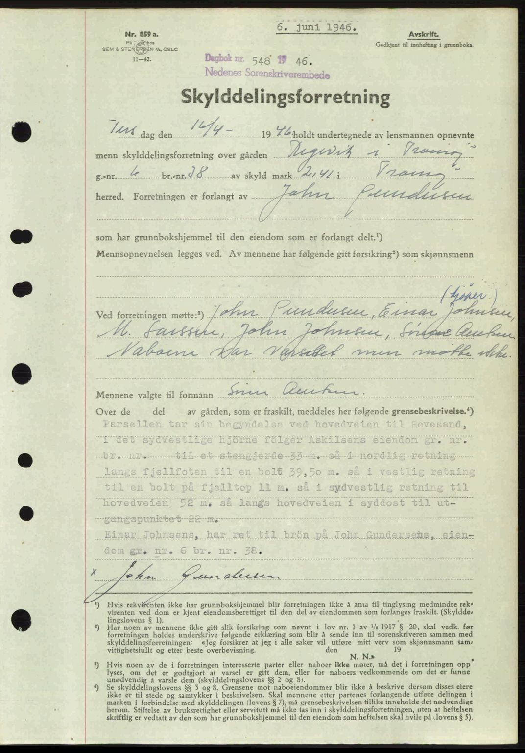 Nedenes sorenskriveri, SAK/1221-0006/G/Gb/Gba/L0054: Mortgage book no. A6c, 1946-1946, Diary no: : 548/1946