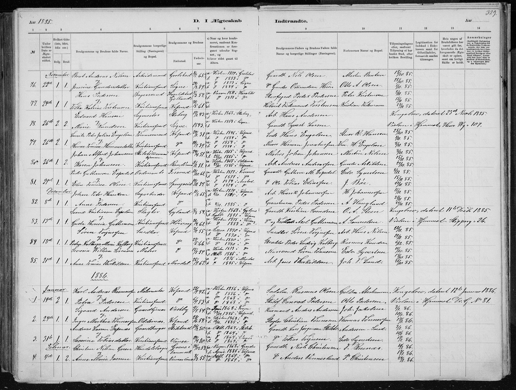 Kristiansand domprosti, SAK/1112-0006/F/Fb/L0014: Parish register (copy) no. B 14, 1881-1896, p. 329