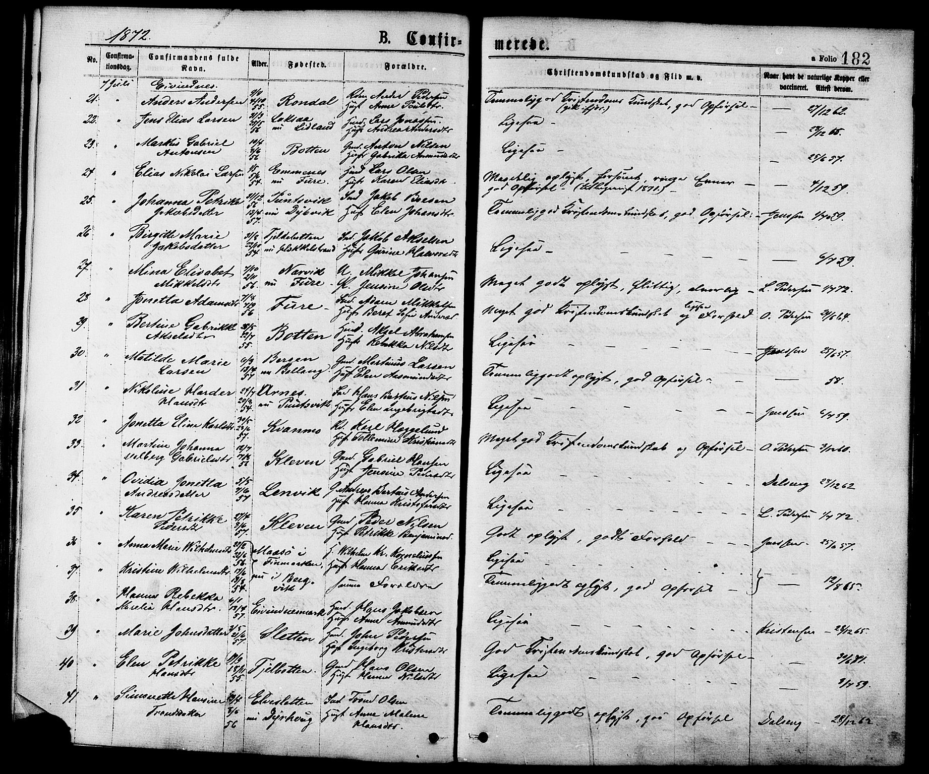 Ministerialprotokoller, klokkerbøker og fødselsregistre - Nordland, SAT/A-1459/863/L0897: Parish register (official) no. 863A09, 1872-1886, p. 182