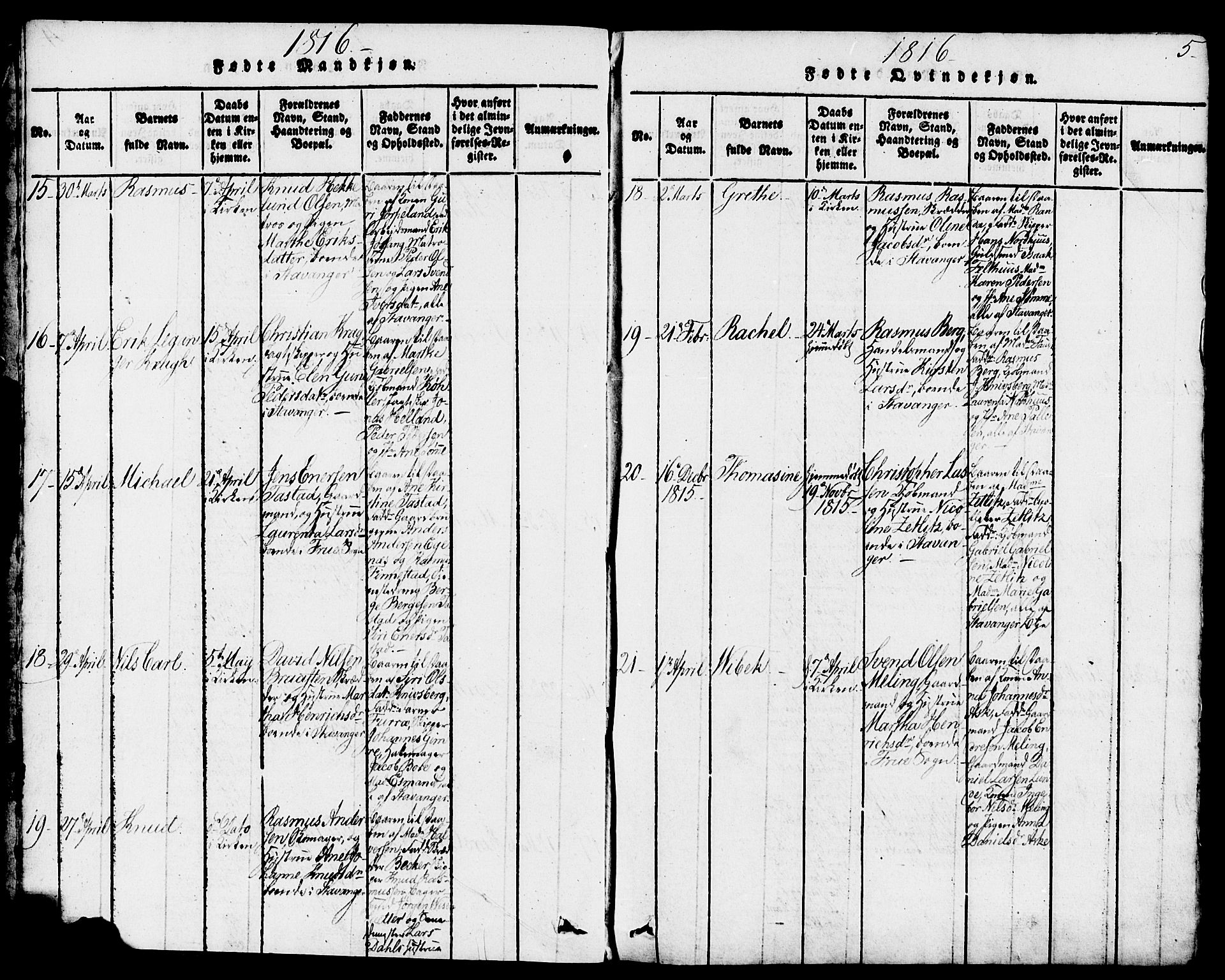 Domkirken sokneprestkontor, SAST/A-101812/001/30/30BB/L0008: Parish register (copy) no. B 8, 1816-1821, p. 5