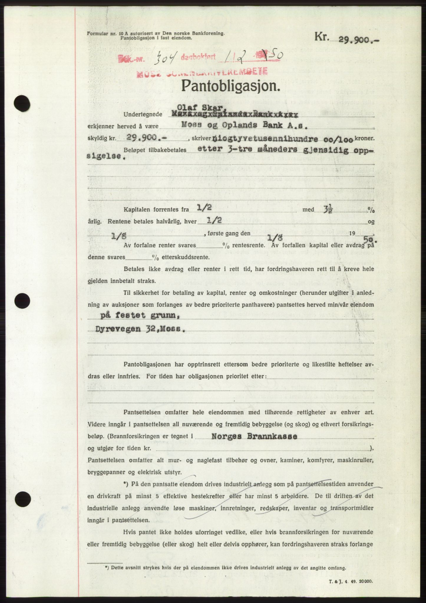 Moss sorenskriveri, SAO/A-10168: Mortgage book no. B23, 1949-1950, Diary no: : 304/1950