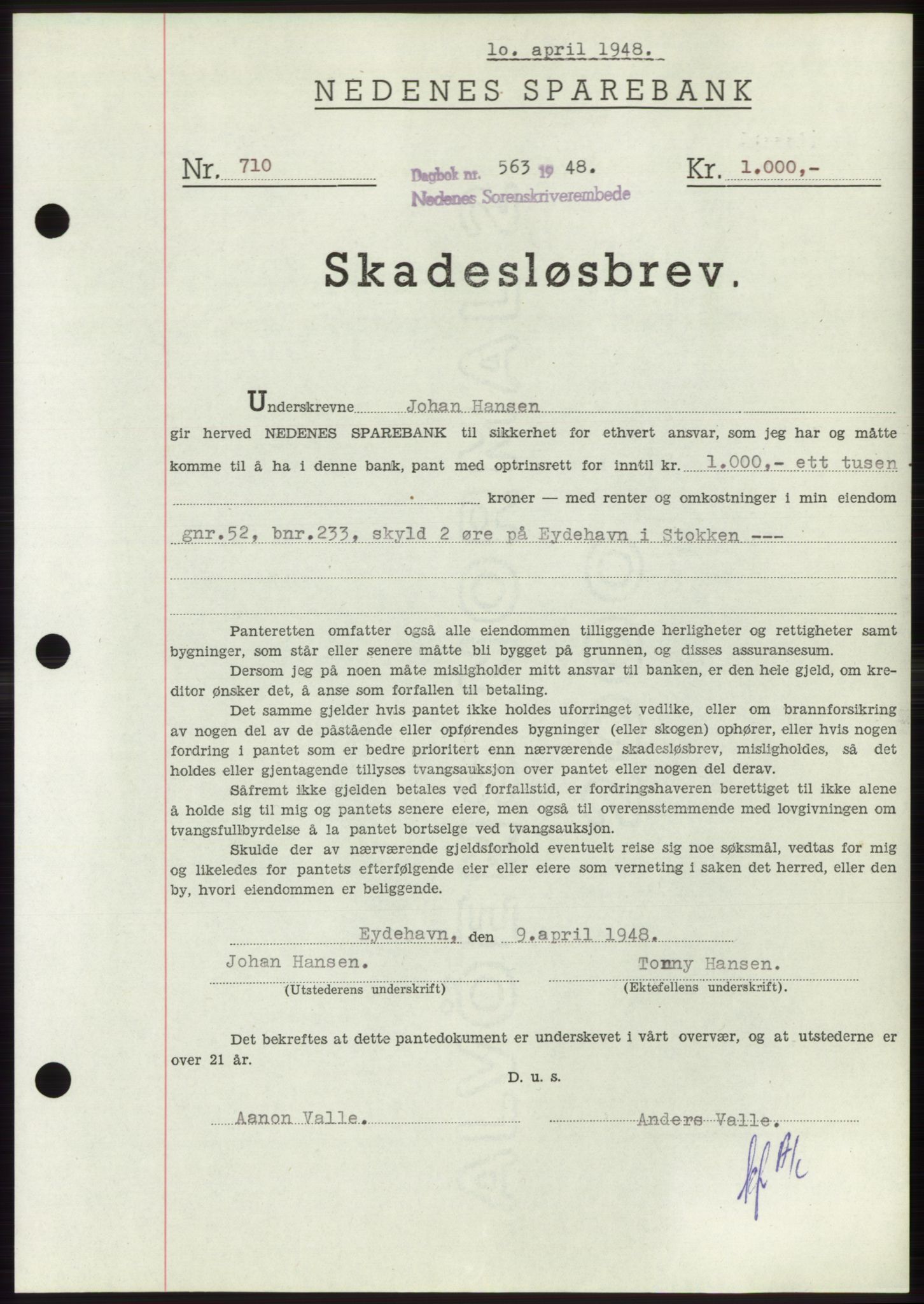 Nedenes sorenskriveri, AV/SAK-1221-0006/G/Gb/Gbb/L0005: Mortgage book no. B5, 1948-1948, Diary no: : 563/1948