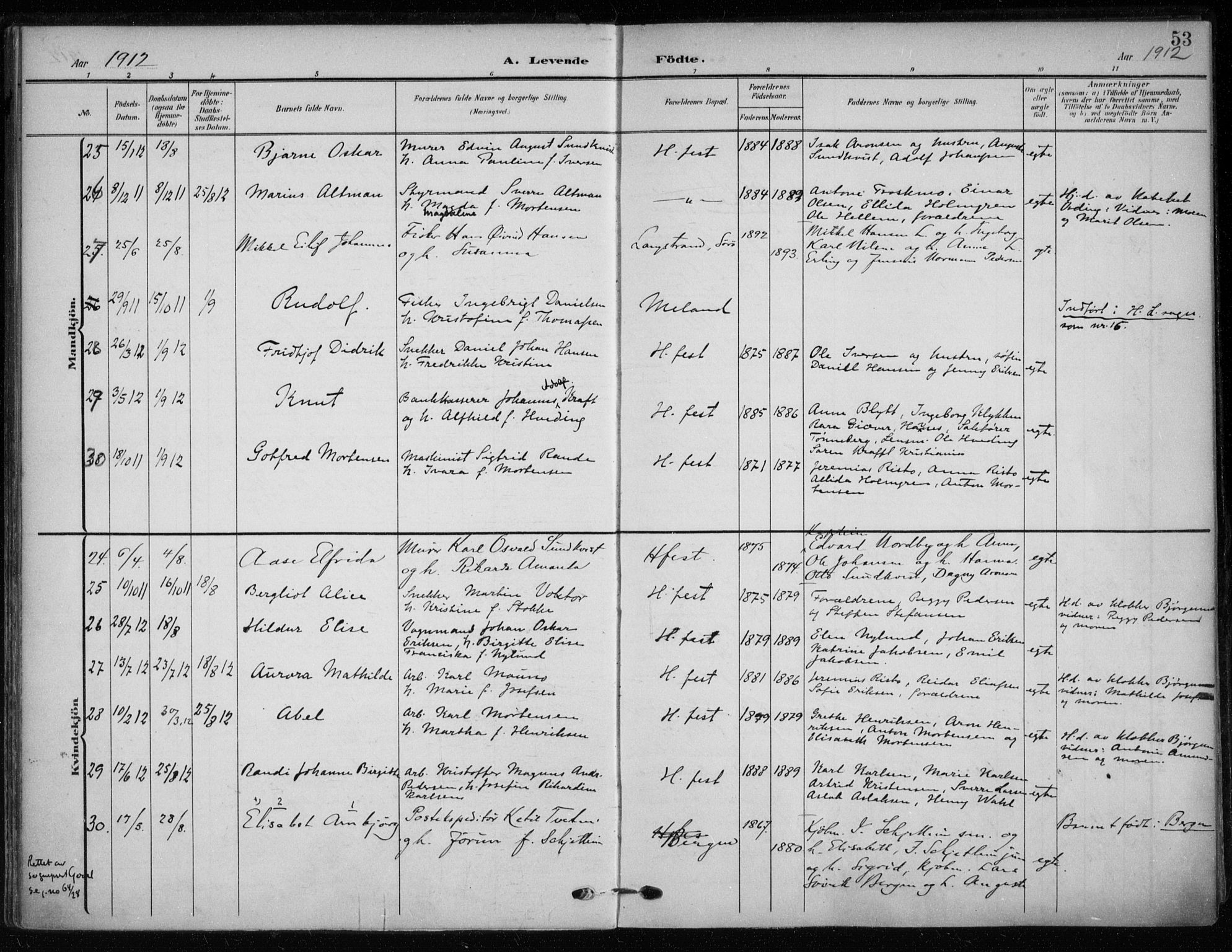 Hammerfest sokneprestkontor, AV/SATØ-S-1347/H/Ha/L0014.kirke: Parish register (official) no. 14, 1906-1916, p. 53