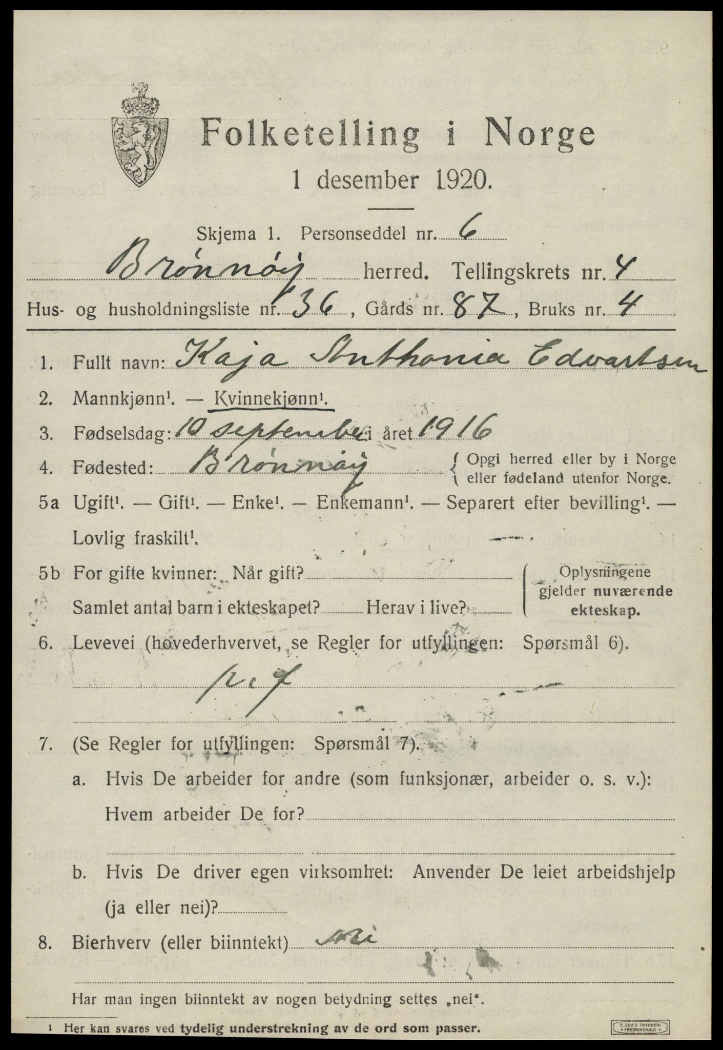 SAT, 1920 census for Brønnøy, 1920, p. 3744