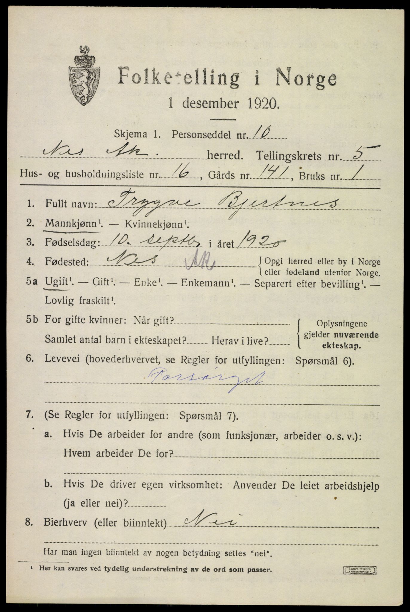 SAO, 1920 census for Nes, 1920, p. 6628